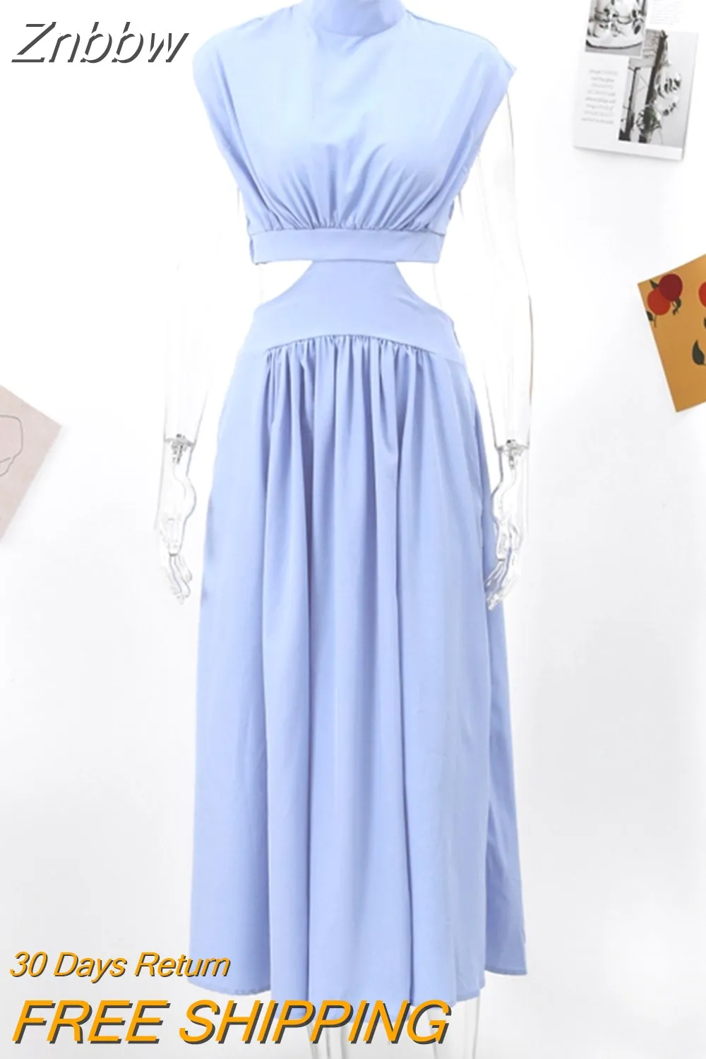 Znbbw Women Solid Sexy Long Dresses 2023 Summer Casual Hollow Waist Cut Sleeveless Dress Female Elegant Backless Holiday Maxi Dress - Image 6