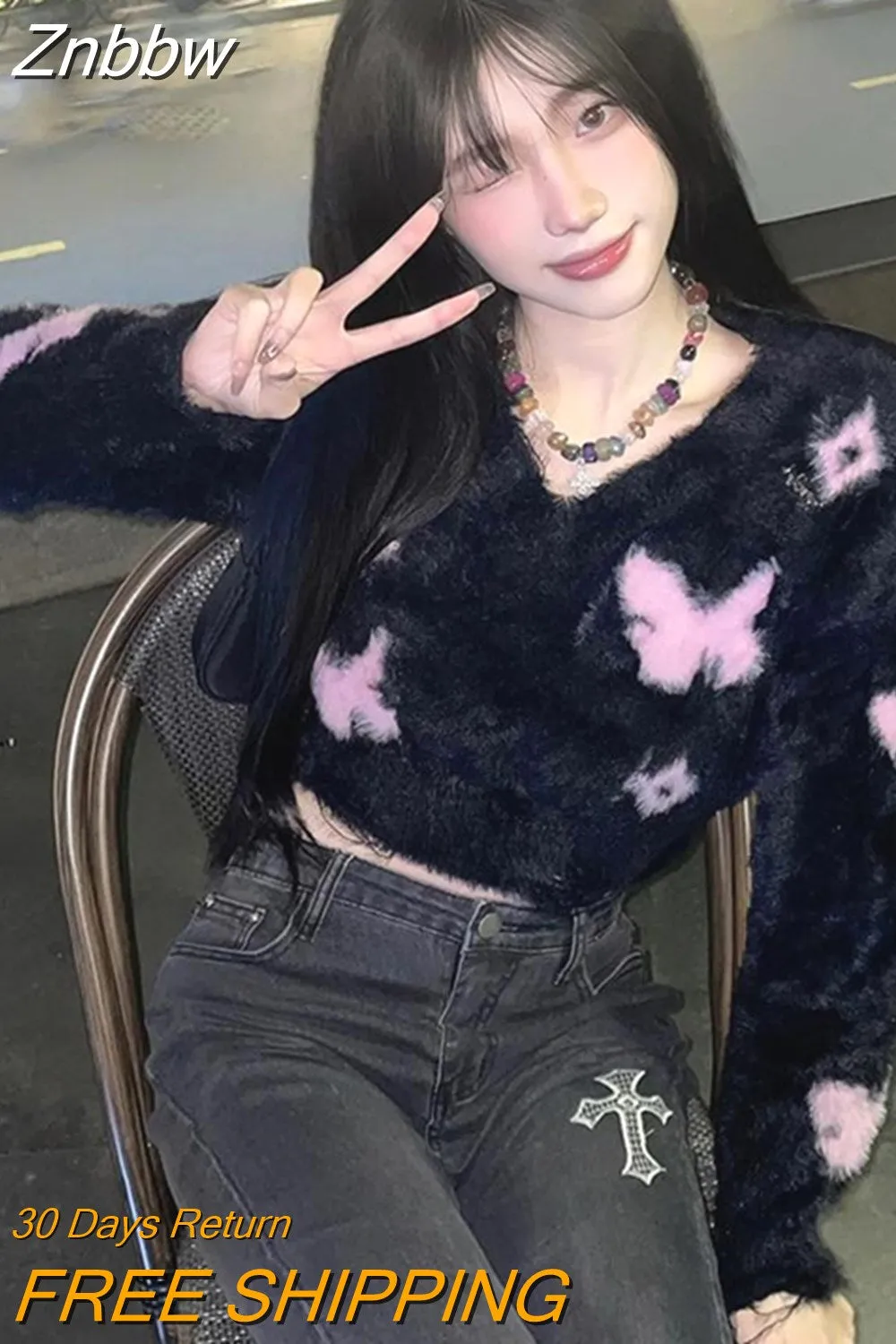 Znbbw Y2K Harajuku Cropped Sweater Women Vintage Sweet Graphic Knitted Pullover Korean Fashion Slim Long Sleeve Tops Jumper - Image 2