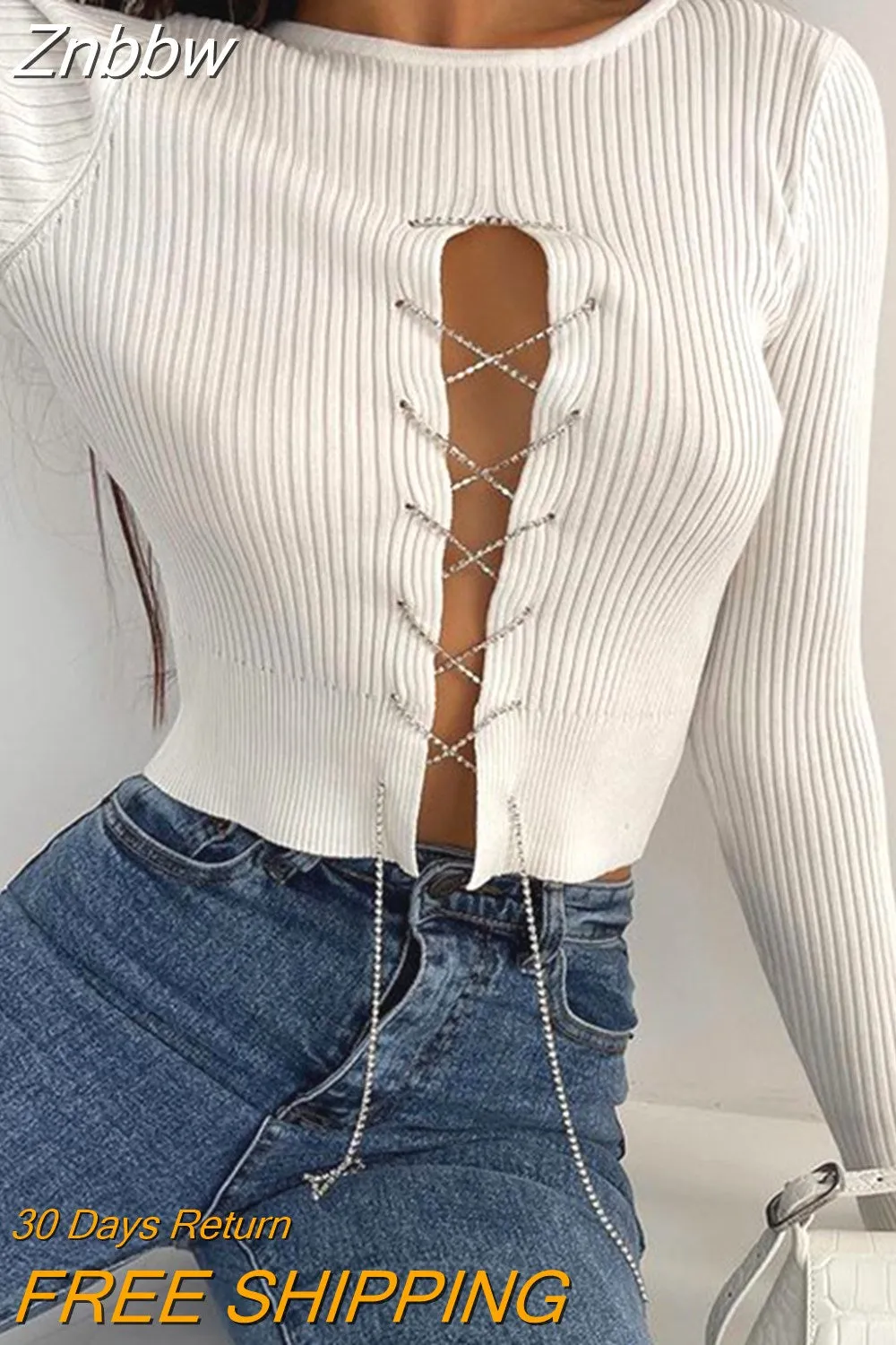 Znbbw Bandage Knit T-Shirt for Women Chic Casual Solid Color Long Sleeve O Neck Ribbed Crop Tops mujer - Image 3