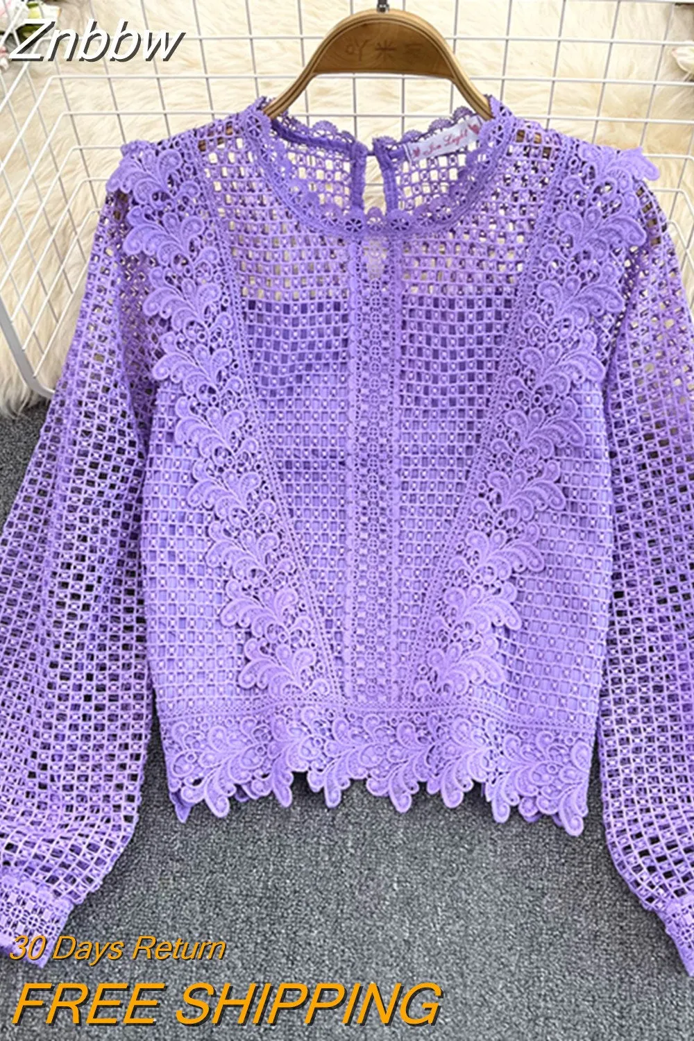 Znbbw Women Autumn Winter Blouse Vintage Round Neck Ruffle Long Sleeve Loose Hook Flower Cut Out Water-soluble Lace Shirt D2062 - Image 5