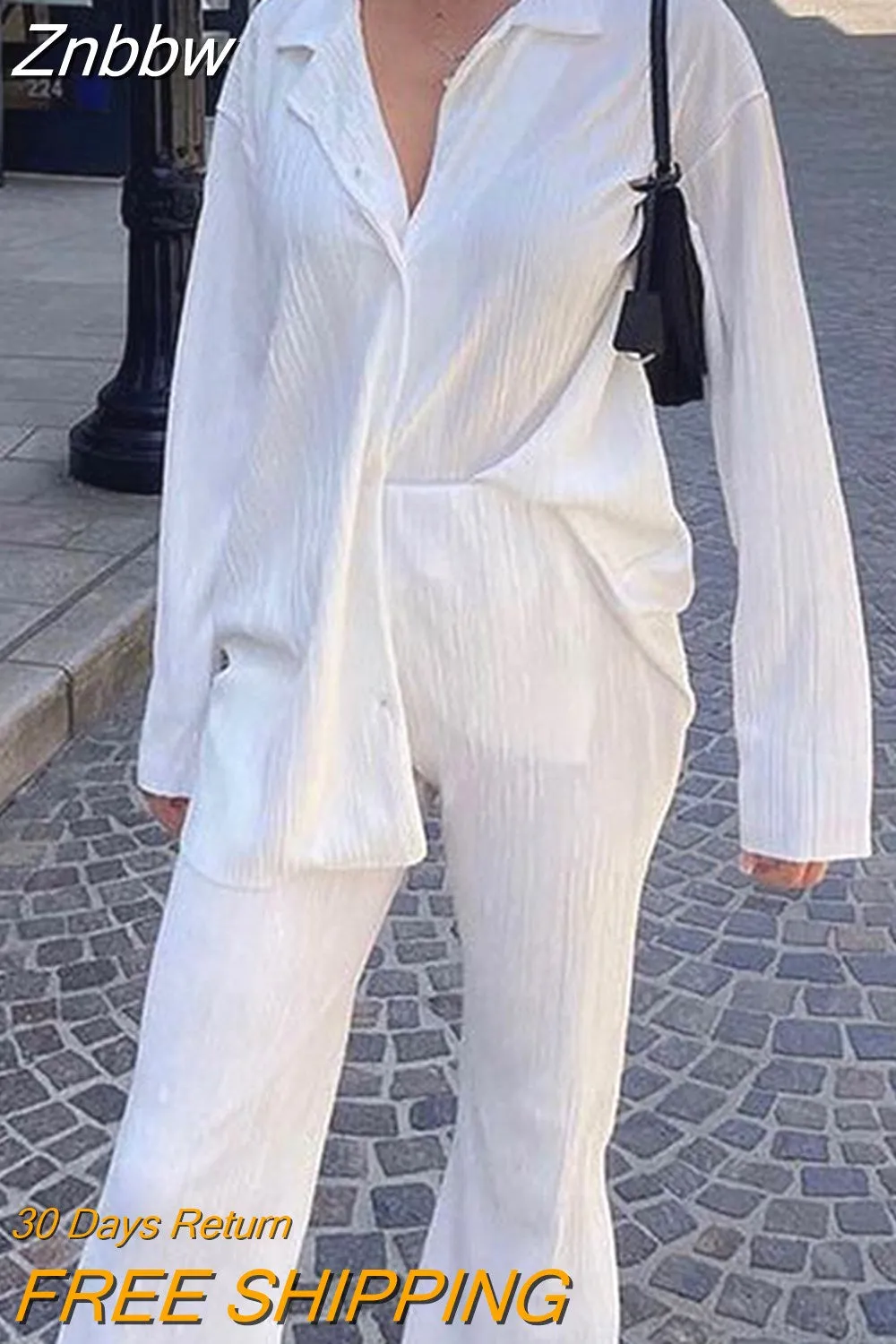 Znbbw Women Pleated Two Piece Sets Loose Wide Leg Trousers With Long Sleeve Blouses Elegant Casual Office Lady Home Suit Outfits Sets