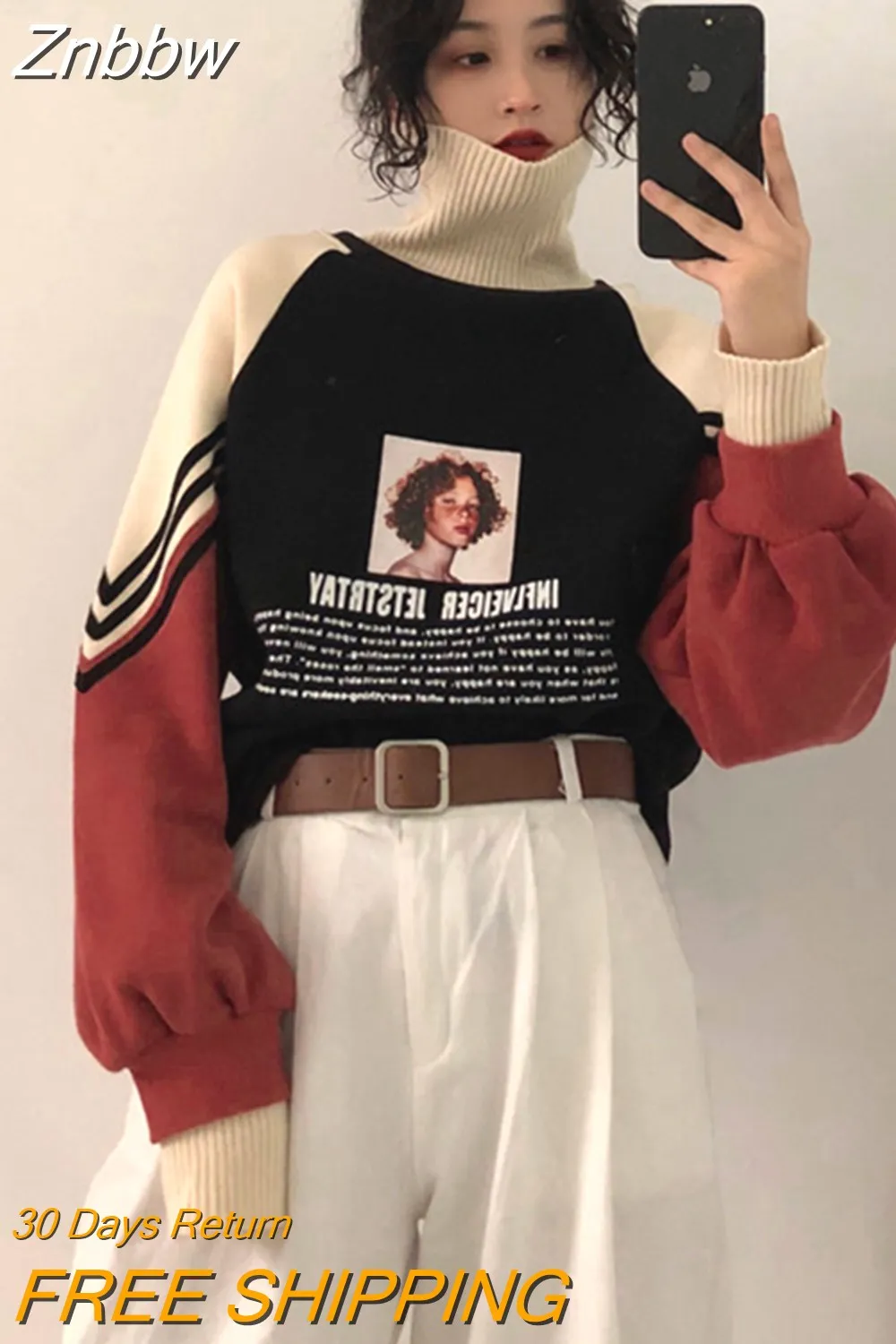 Znbbw Hoodie Sweatshirt Women Winter Oversized Tops Fashion Pattern Printed Pullover Autumn Turtleneck Clothing Warm Pullover