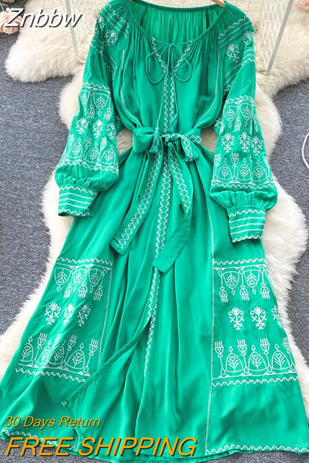 Znbbw Autumn French Vintage Long Sleeve Embroidered Dress Feminine High Waist Slit Long Swing Dresses for Women GD694 - Image 5