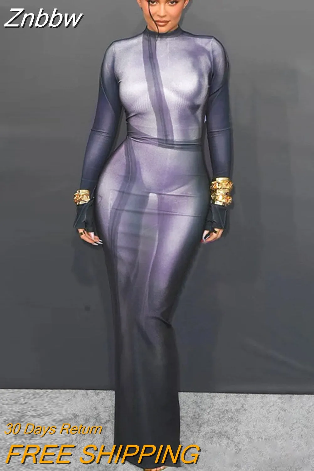 Znbbw Women Long Sleeve Printed Party Club Bodycon Streetwear Long Dress 2023 Summer Autumn Wholesale Items For Business - Image 4