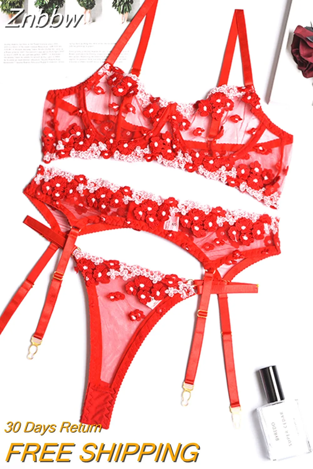 Znbbw Applique Women's Underwear Lingerie Set Sexy Underwear Set Bra with Bones 3 Piece Set Transparent Exotic Lingerie Sexy - Image 4