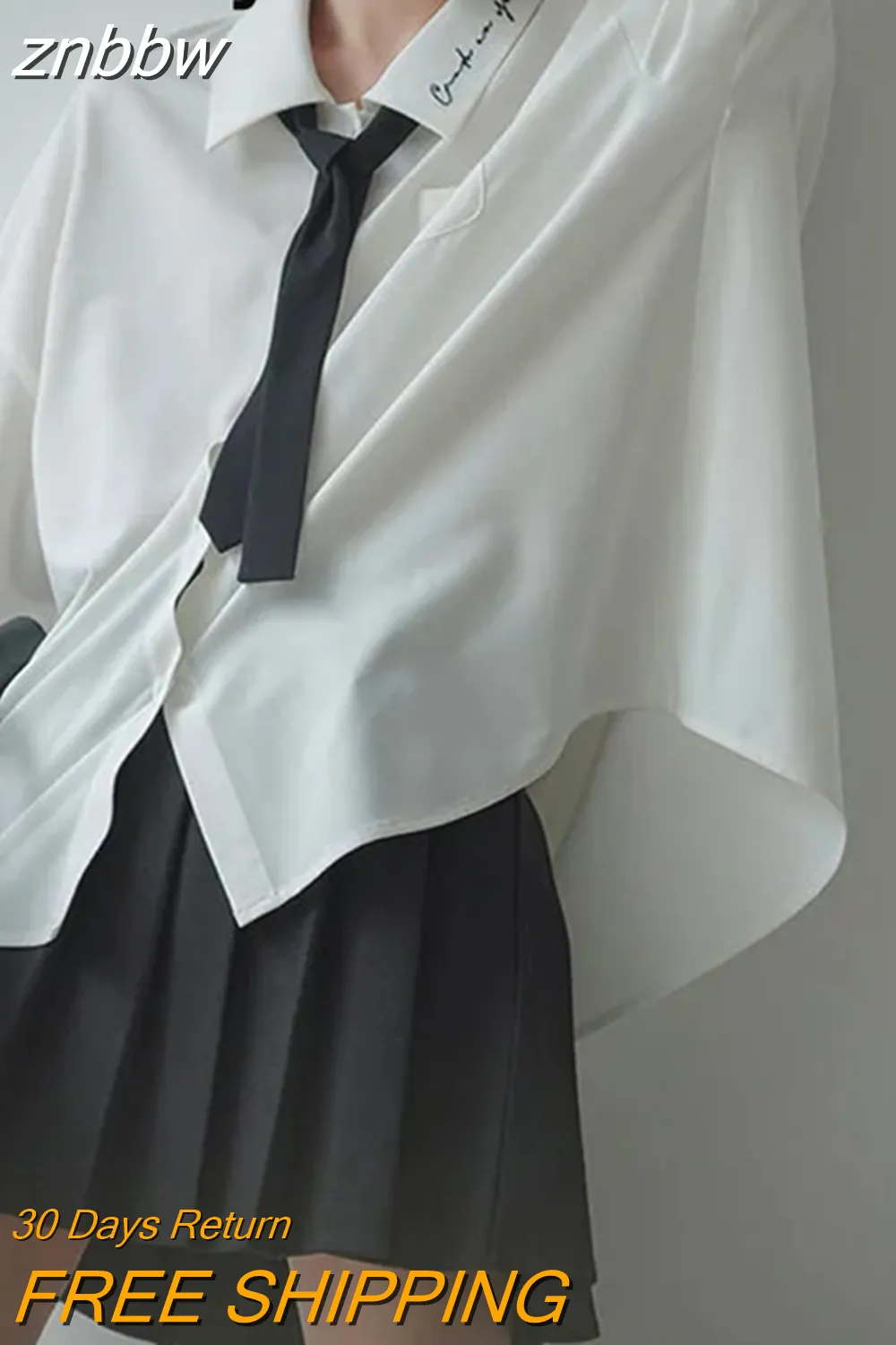 znbbw 2023 Spring Minimalist Long Sleeve Embroidery Shirt Women Korean Style Solid Tie Oversize Shirts Blouse Loose JK Tops