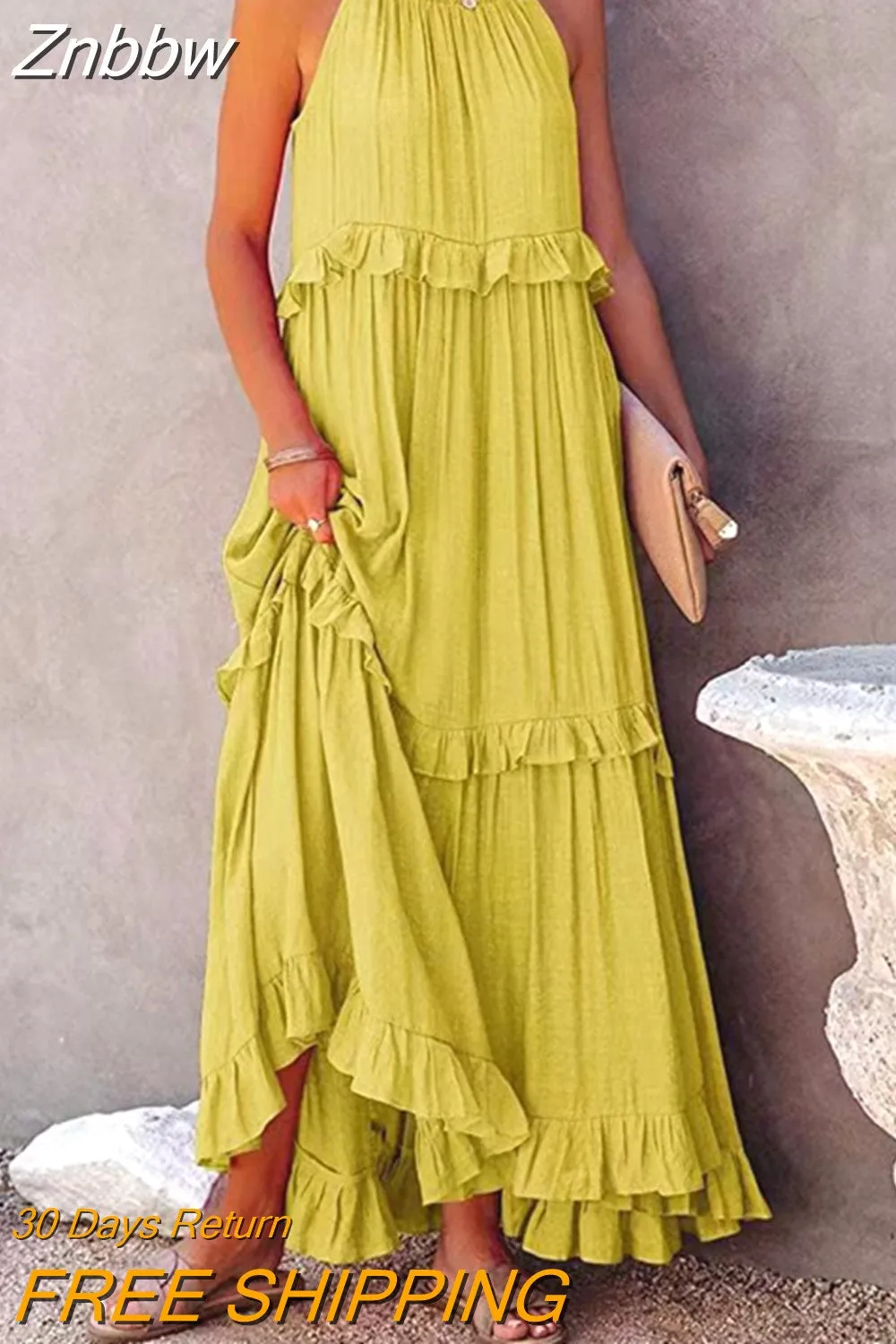 Znbbw Women Solid Vintage Long Dress Summer Boho Elegant Halter Sleeveless Ruffle Layered Dress Female Casual Beach Party Maxi Dress - Image 7