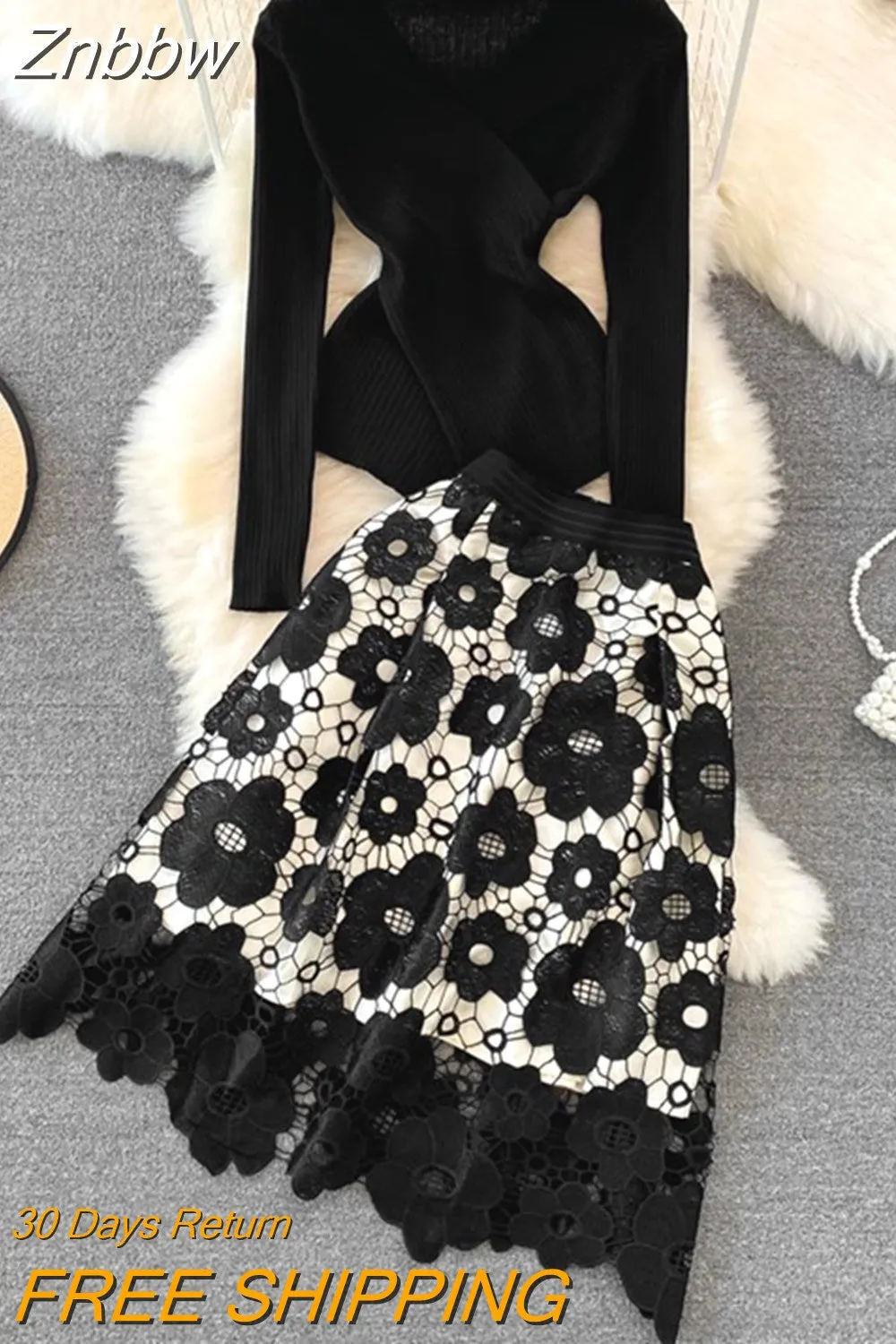 Znbbw Women Hollow Out Embroidery 2 Piece Set Long Sleeve Across Irregular Top + High Waist A-Line Skirt Sets Two Piece Set - Image 4