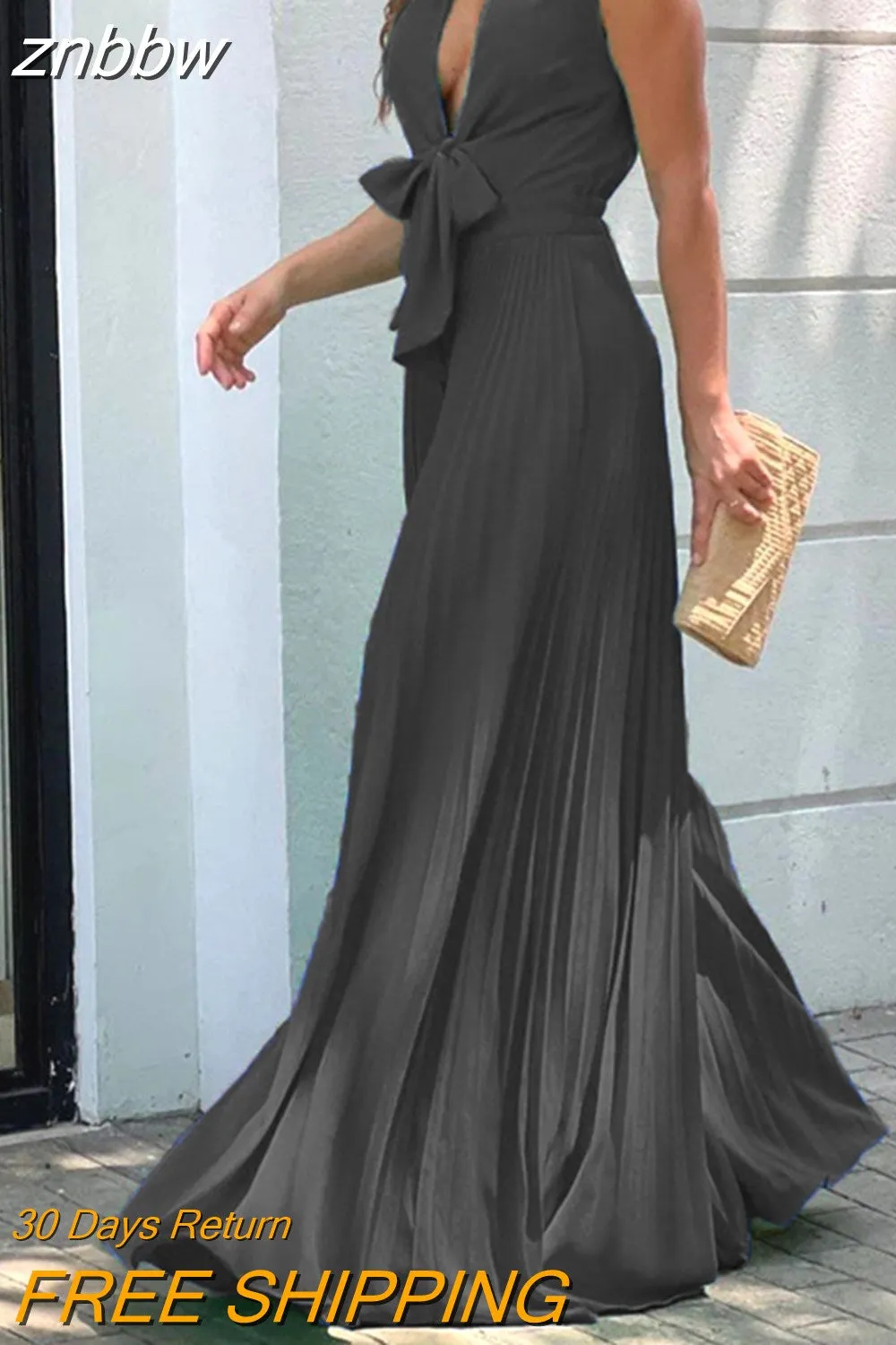 znbbw Women Jumpsuit Summer Fashion V Neck Sleeveless Lapel Solid Pleated Lace Up Loose Wide Legs Romper High Streetwear Female - Image 4