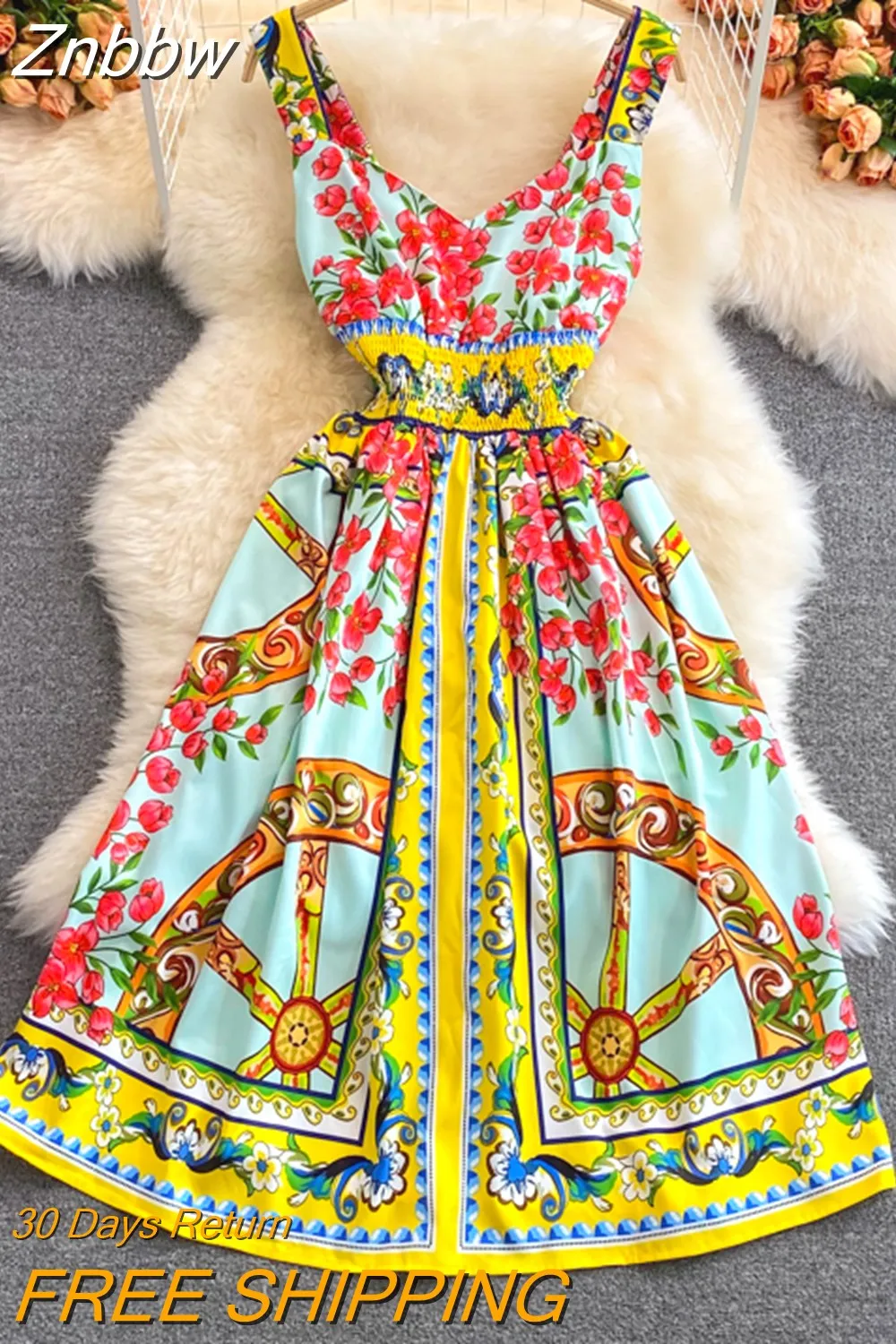 Znbbw 2023 Fashion Runway Summer Vintage Party Dress Spaghetti Strap Printed High Elastic Waist A-Line Knee-Length Dress - Image 2