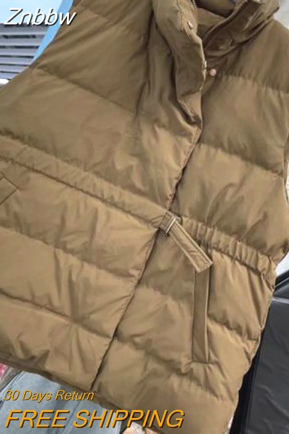 Znbbw Womens Down Vest Autumn Winter Solid Loose Drawstring Belt Stand Collar Windproof Lightweight Waistcoat Sleeveless Warm Vests - Image 8