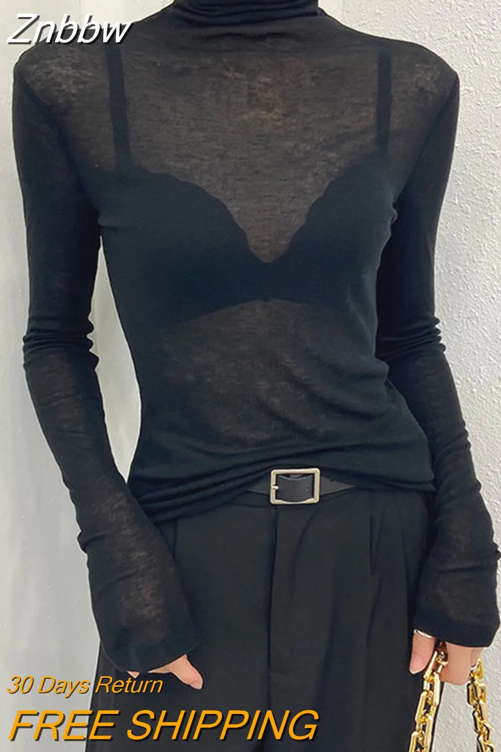 Znbbw Y2K Fashion Solid Turtleneck T Shirt Women Harajuku Sexy See Through Long Sleeve Tee Slim All-match Basic Pullover Tops - Image 2