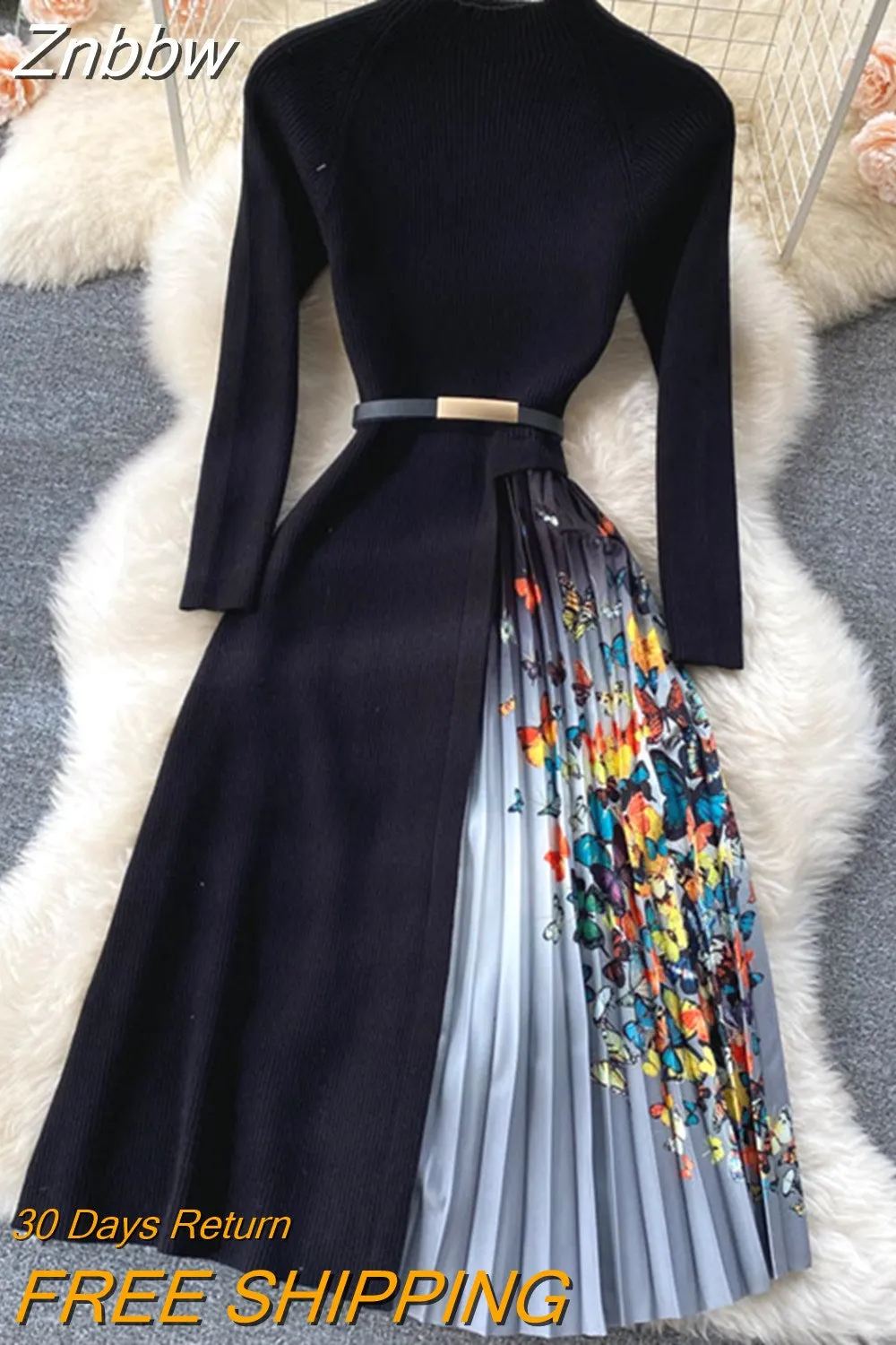 Znbbw Winter Elegant Knitted Patchwork Gradient Print Pleated Dress Women Long Sleeve Office One-Piece Sweater Dress With Belt - Image 8