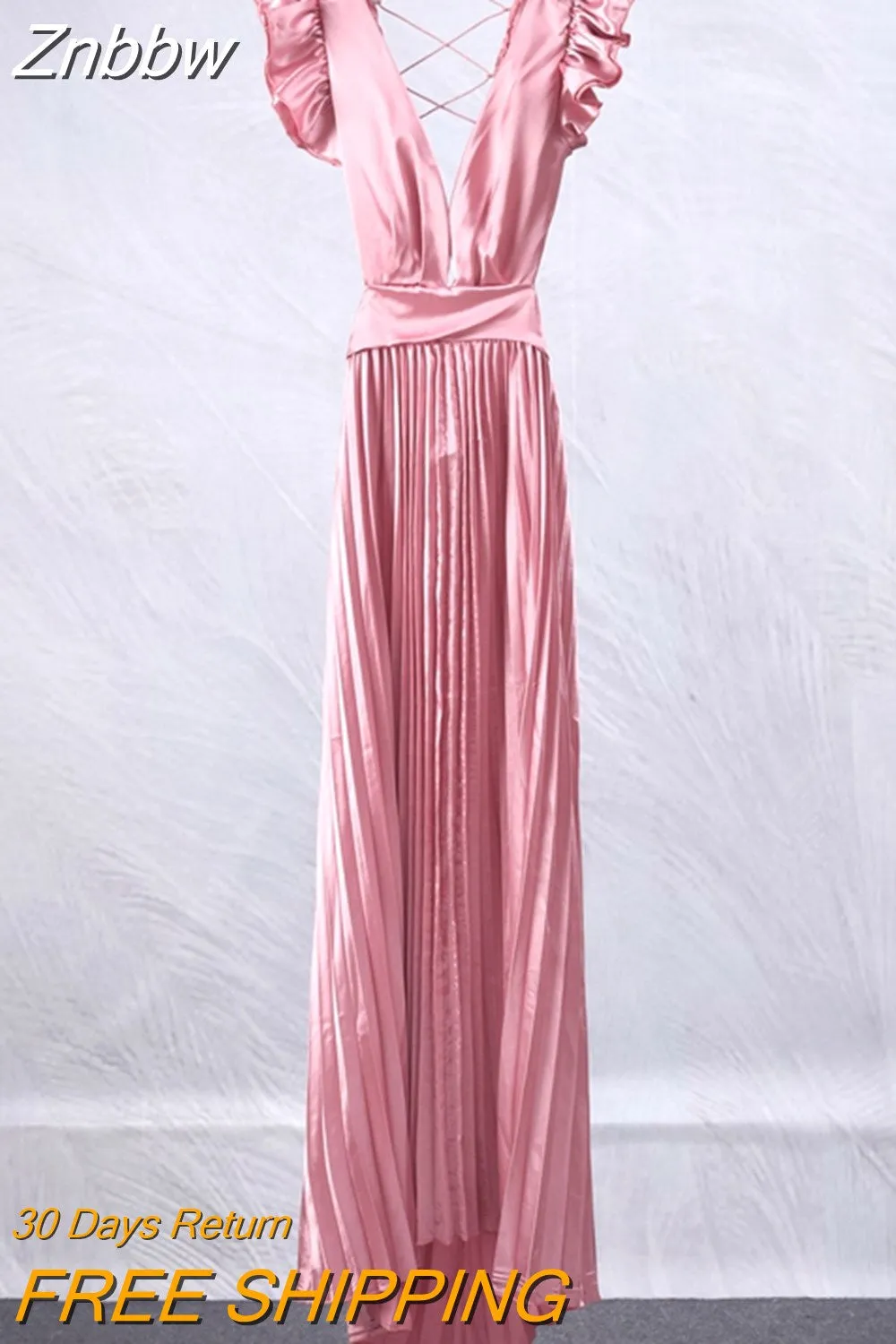 Znbbw Women Solid Backless Elegant Long Dresses V-neck Pleated A-line Sexy Frock 2023 Spring Summer Evening Party Casual Style Dress - Image 10