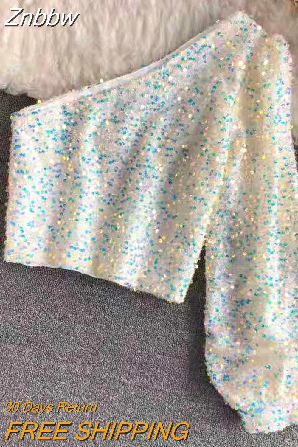 Znbbw 2023 New Product Oblique Collar T-shirt Strapless Unilateral Puff Sleeve Slim Fit Short Sequined Top HK102 - Image 6