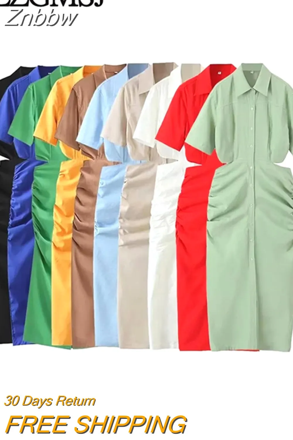 Znbbw ZBZA Women 2023 Shirt Dress Women Waist Cut-out Midi Dress Fashion Design Sexy Elegant Femme Vestidos 202307