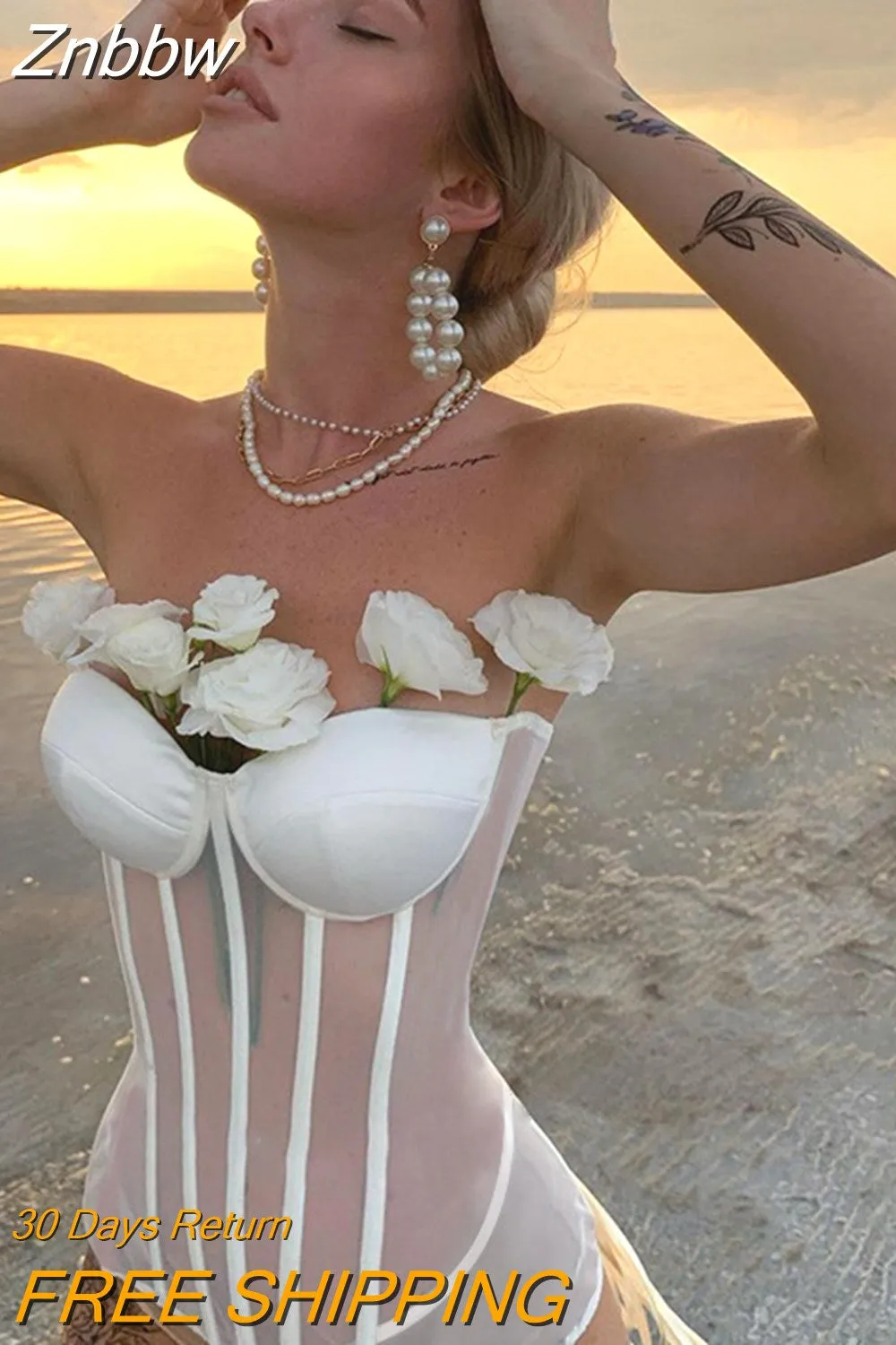 Znbbw Strapless See Through Mesh Slim Corset Top for Women Off Shoulder Lace Up Back Elegant Party Sexy Cropped Top - Image 5