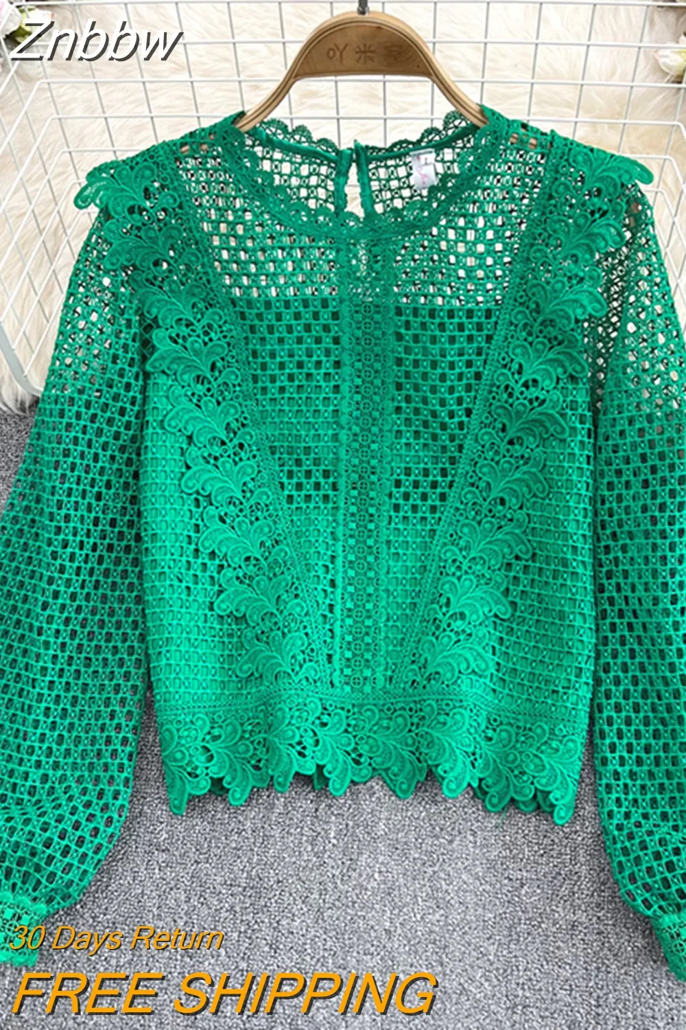 Znbbw Women Autumn Winter Blouse Vintage Round Neck Ruffle Long Sleeve Loose Hook Flower Cut Out Water-soluble Lace Shirt D2062 - Image 4