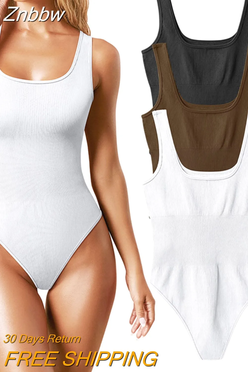 Znbbw Women's Ribbed Knitted Sleeveless Bodysuit Solid Color Smocked Waist Bodycon Jumpsuit Casual Romper Playsuit