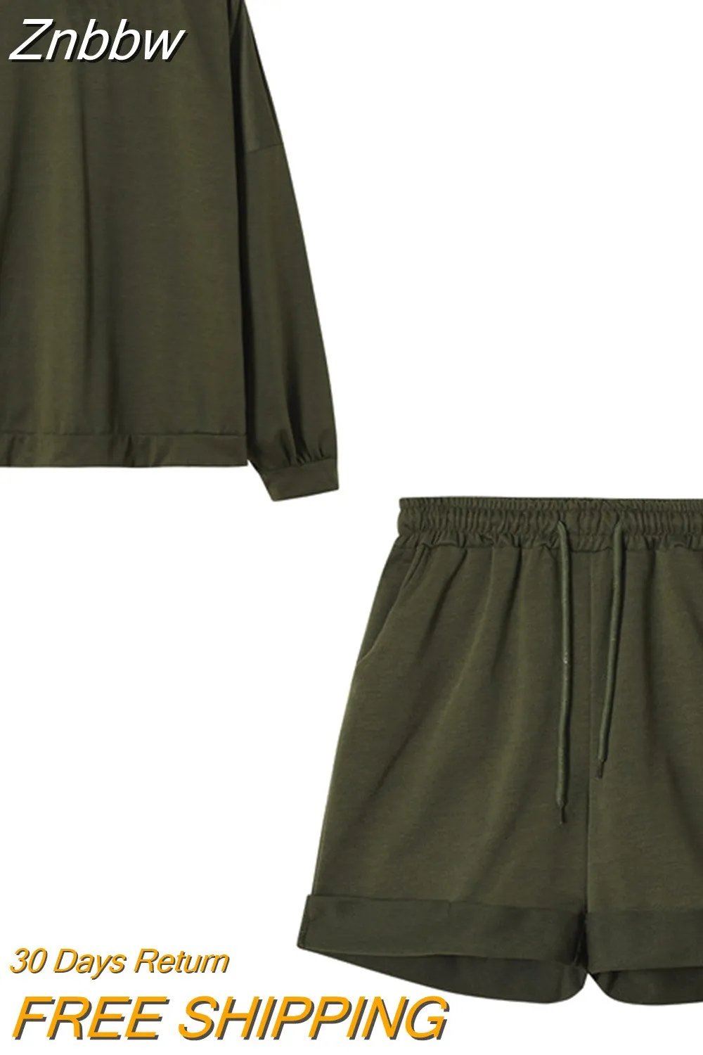 Znbbw Women Solid Tracksuits Casual Long Sleeve Pullover with Pockets Shorts Two Piece Set Sport Fashion Loose Matching Sets Outfits - Image 7