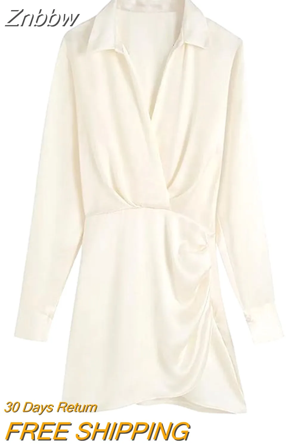 Znbbw 2023 Women Fashion Pleated Soft Touch Wrap Mini Dress Vintage Long Sleeve Side Buttons Female Dresses Vestidos 202304 - Image 9