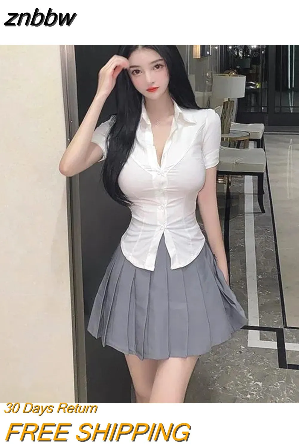 znbbw ajustada-Blusa de manga corta para mujer, camisa blanca de estilo coreano, Sexy, para oficina, novedad de verano, 2023 - Image 2