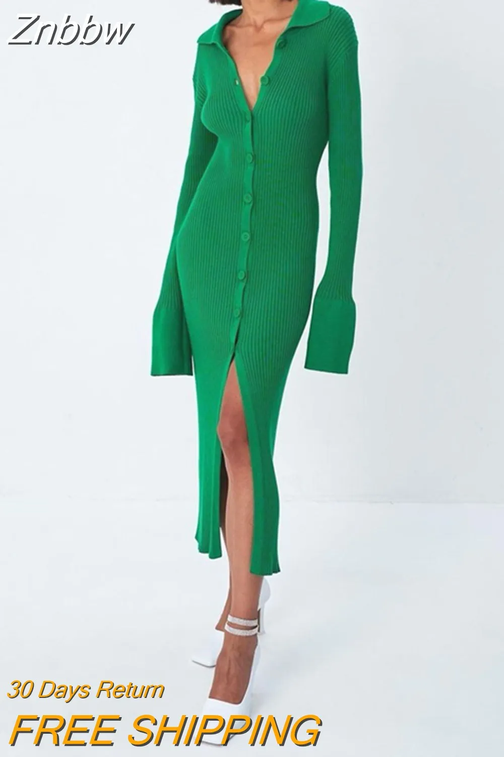 Znbbw Autumn Winter Elegant Knit Rib Bodycon Dress Office Lady Long Sleeve Lapel Button down Midi Dress Party Casual Women Wear - Image 4