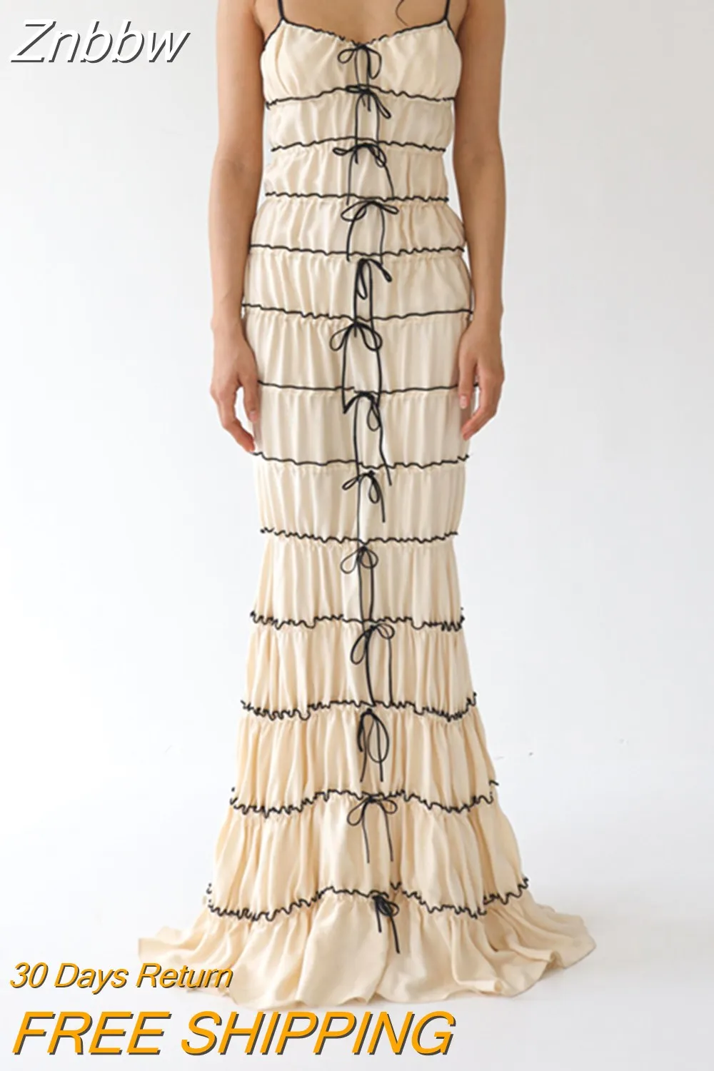 Znbbw Bandage Bow Ruched Spaghetti Strap Long Dress y2k Grunge Sling Sleeveless Low Cut Contrast Color Cake Dress 2023 Summer 0410