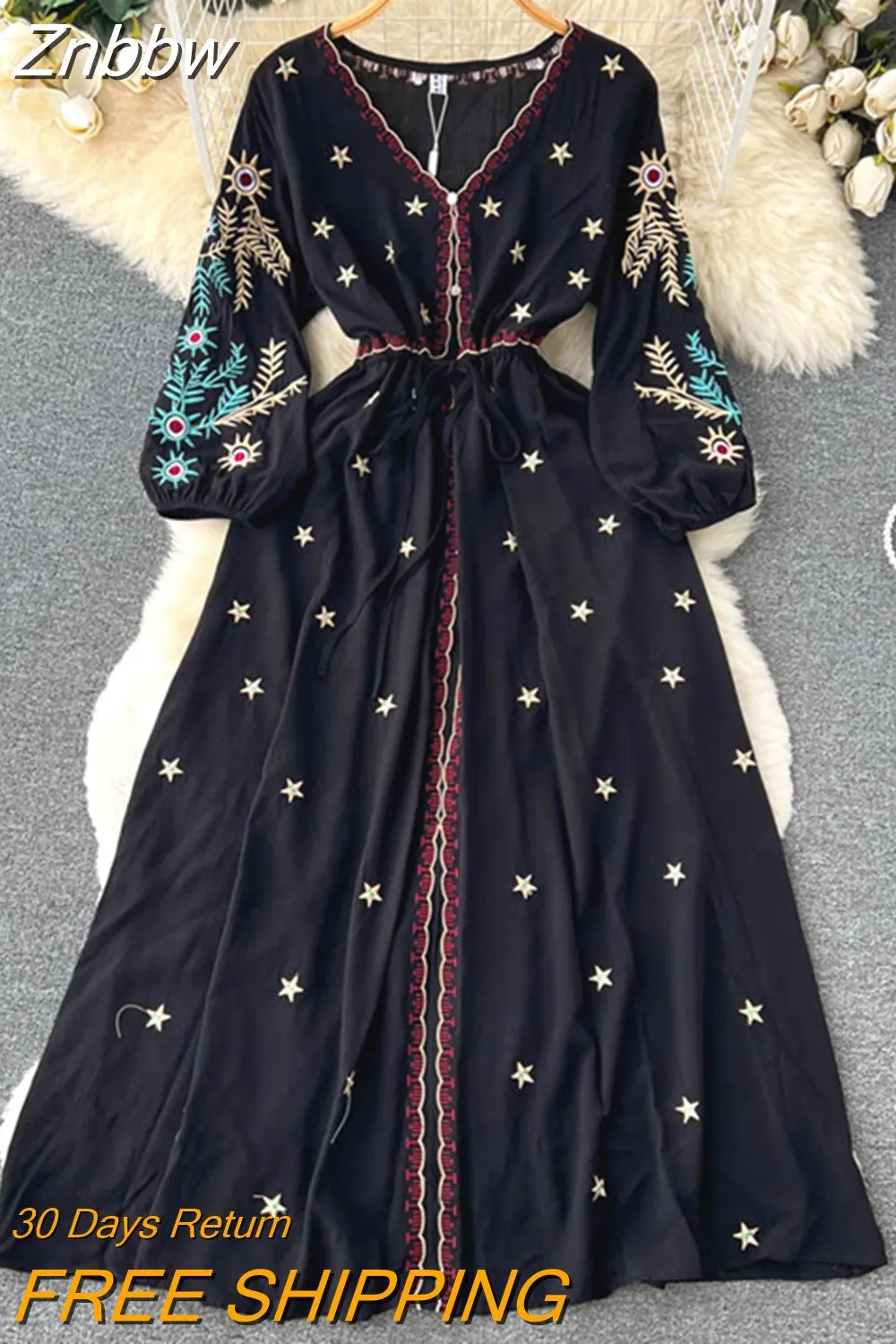 Znbbw Ethnic Style Lace Up Lantern Sleeve Waist Slimming Embroidery Red Temperament Dress Stunning Long Vestidos Women D1473 - Image 8