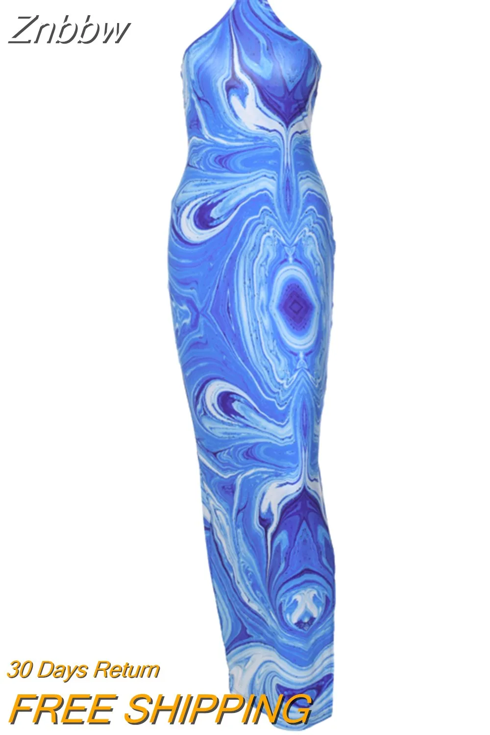 Znbbw Women Halter Printed Bodycon Beach Blue Pencil Long Dress 2023 Summer Clothes Wholesale Items For Business Dropshipping - Image 4