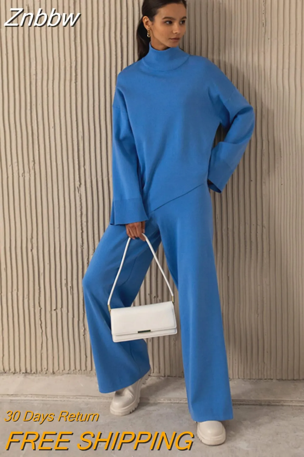 Znbbw Women Wide Legs Pants Irregular Sweater Suit 2023 Autumn Winter 2 Piece Set Casual High Collar Pullover Knitted Sweaters Outfits - Image 5