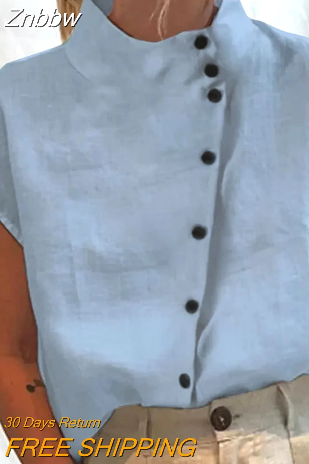 Znbbw Women Solid Hollow Out Tops Summer Turtleneck Cotton Linen Breathable Blouses Casual Loose Short Sleeve Office Shirt Pullover