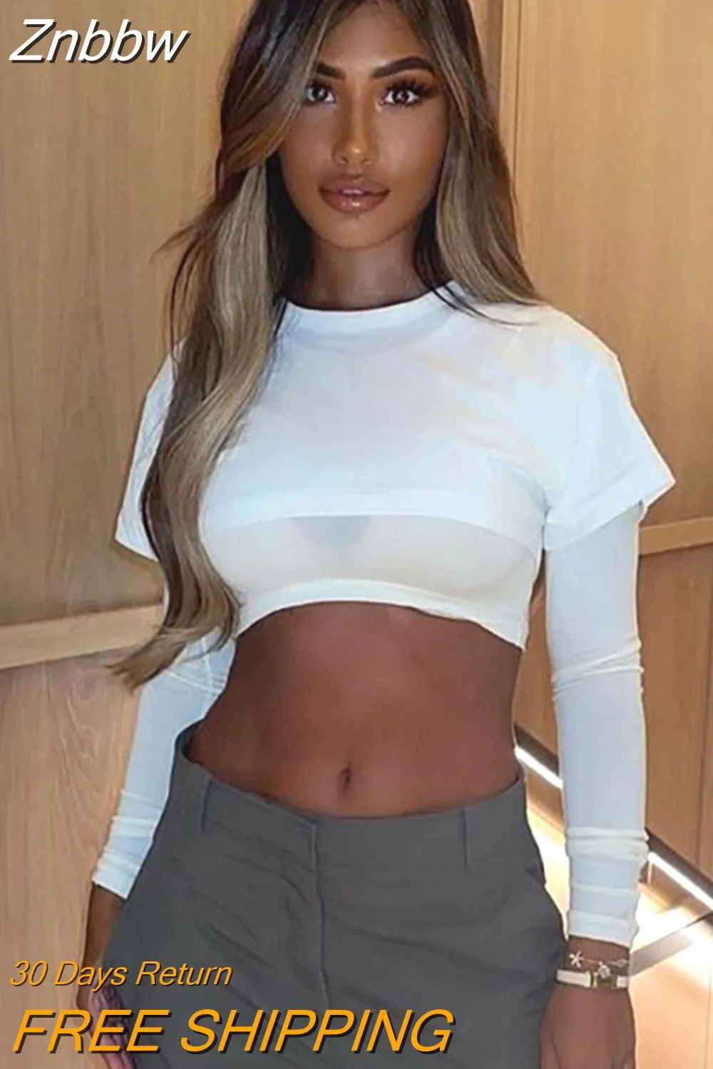 Znbbw Two Piece Set Ribbed Sexy Patchwork Crop Top Women O Neck Long Sleeve Tshirt 2023 Fall Harajuku Goth Mall Y2K Clothes