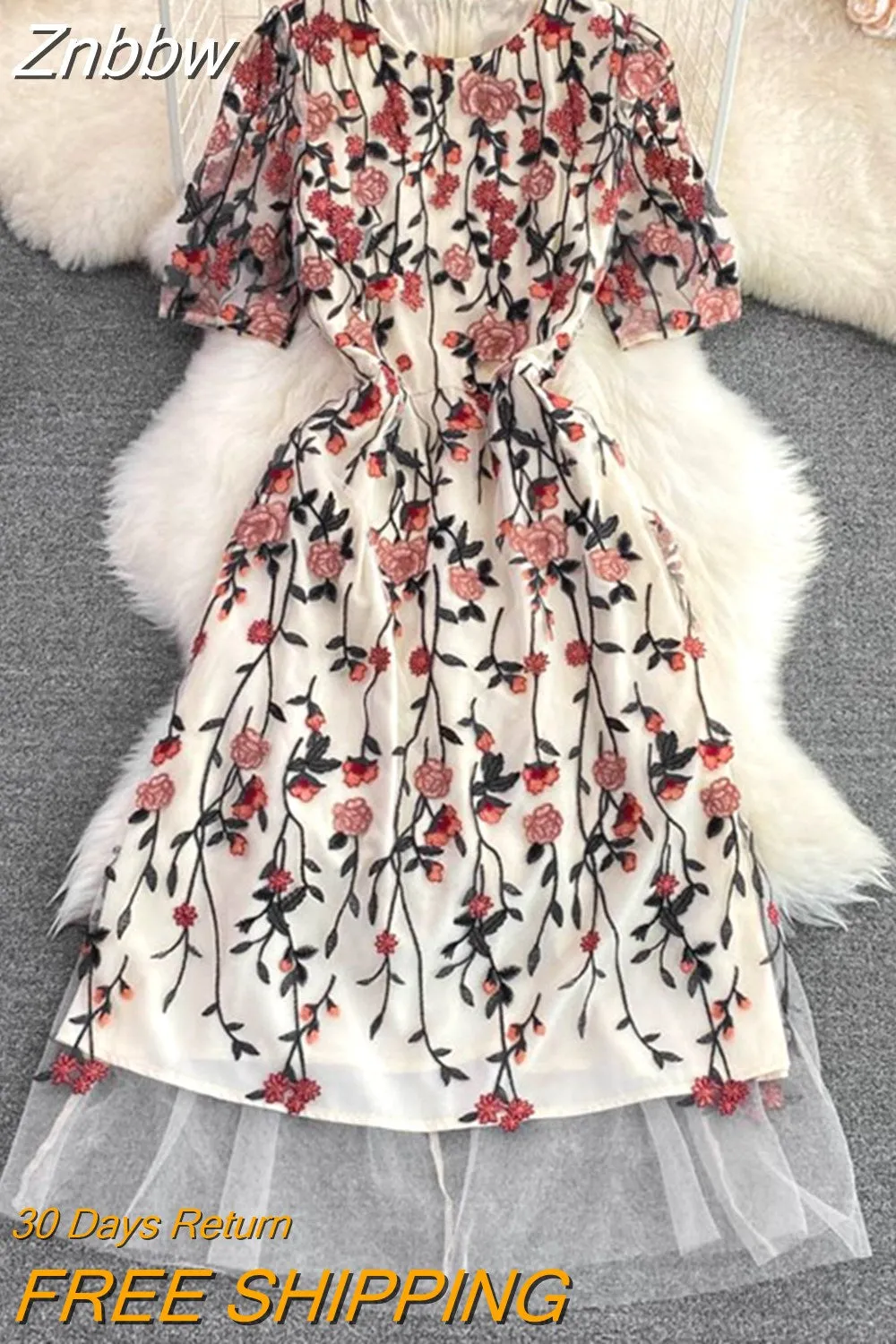 Znbbw Summer Embroidery Party Dress Women Short Sleeve Flower Overlay Embroidered Slim Waist Vintage Mesh Runway Dress N921