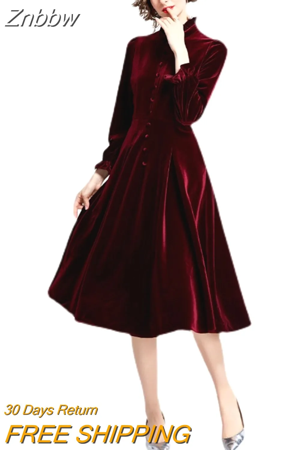 Znbbw 2023 Autumn Winter Runway Red Velvet Evening Party Dress Women Stand Collar Long Flare Sleeve Vintage Midi Dress N78818