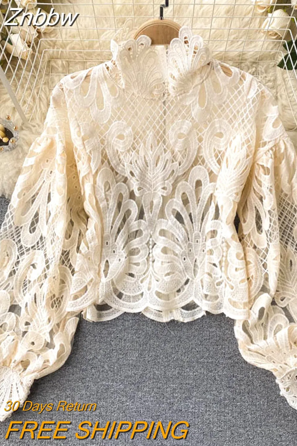 Znbbw 2023 New Fashion Blouse Female Hollow Lantern Sleeve Temperament Blusa Stand-up Collar Slim Short Lace Shirt C342 - Image 4