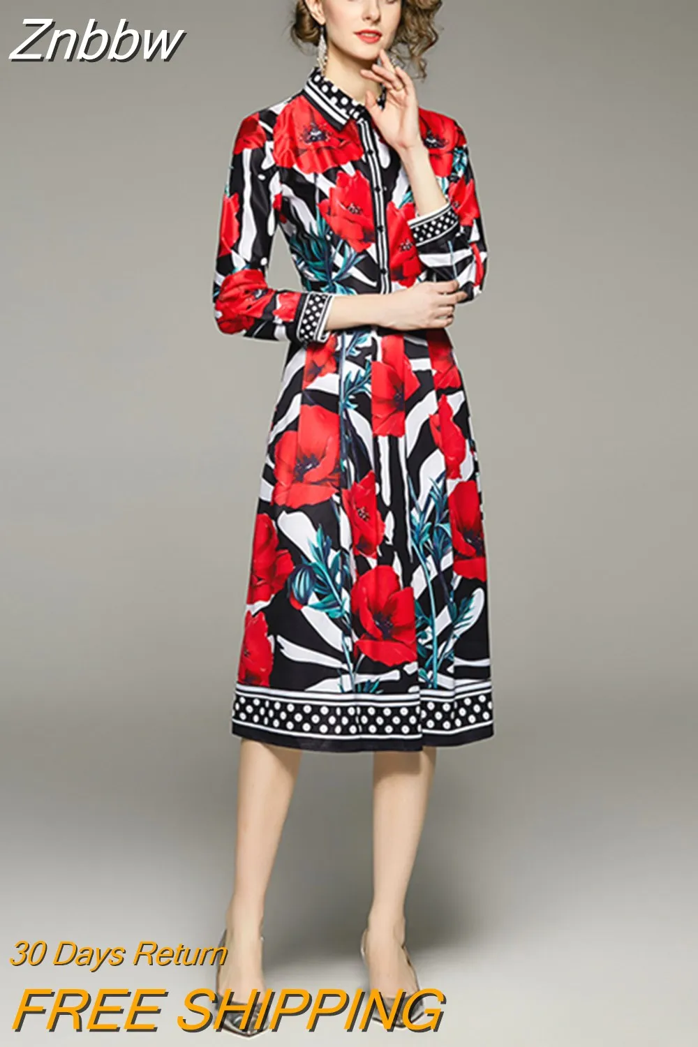 Znbbw Autumn Fashion Runway Shirt Dress Women's Long Sleeve Lapel Elegant Stripe Red Flower Print OL Midi Dress with Belt - Image 4