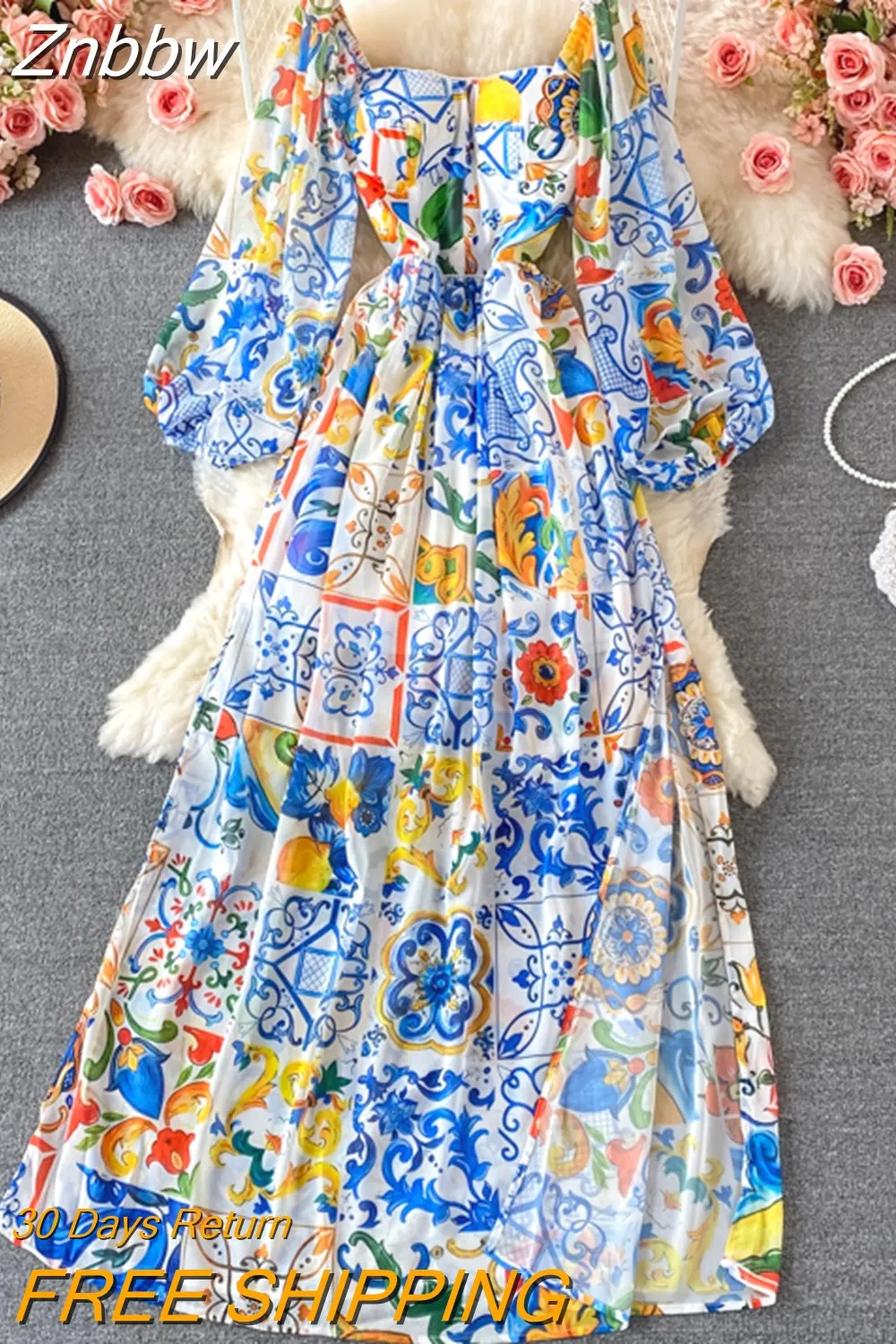 Znbbw 2023 Fashion Designer Boho Maxi Dress Women's Long Lantern Sleeve Blue and white porcelain Floral Print Party Long Dress - Image 4