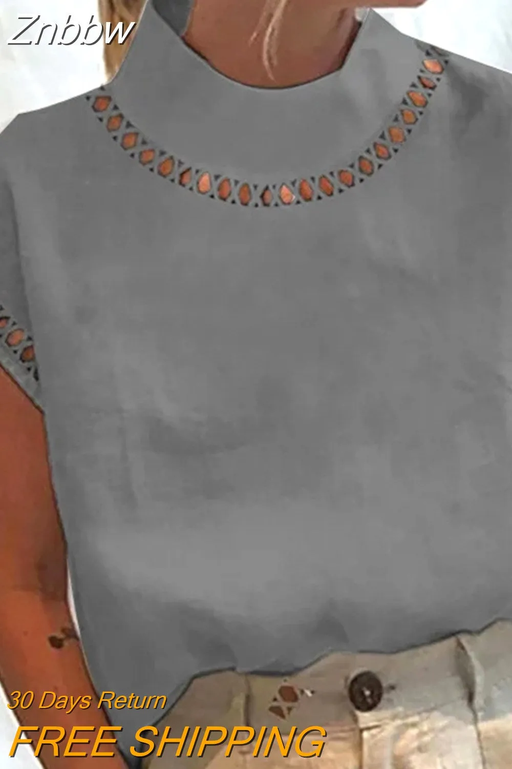 Znbbw Women Solid Hollow Out Tops Summer Turtleneck Cotton Linen Breathable Blouses Casual Loose Short Sleeve Office Shirt Pullover - Image 6