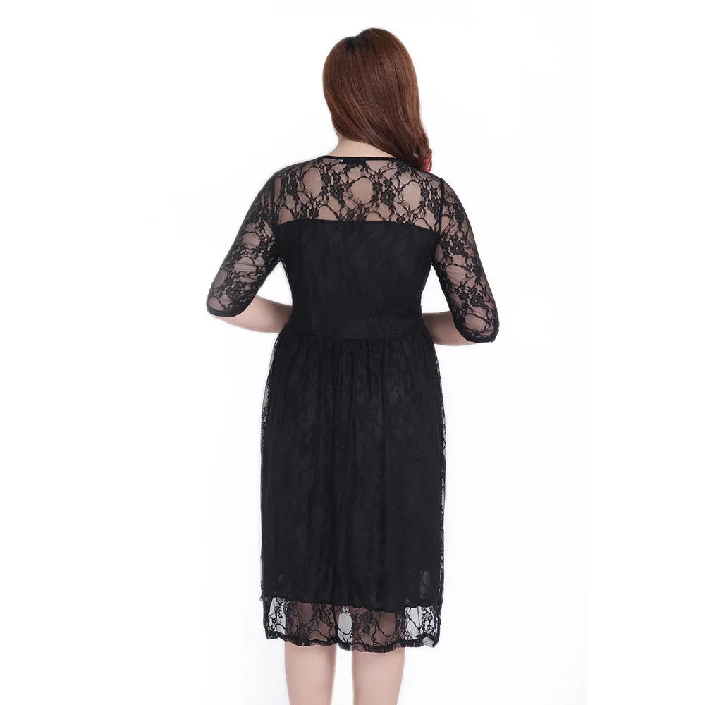 Znbbw Style Fat MM Large Size Elegant Dress Dress Medium Sleeve Dress Lace Skirt