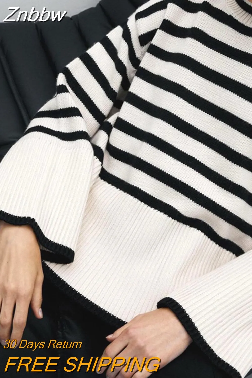 Znbbw Women Turtleneck Sweaters Striped Split Autumn Winter Long Flare Sleeve Knitted Pullover Oversized Y2K Female Knitwear Top - Image 8