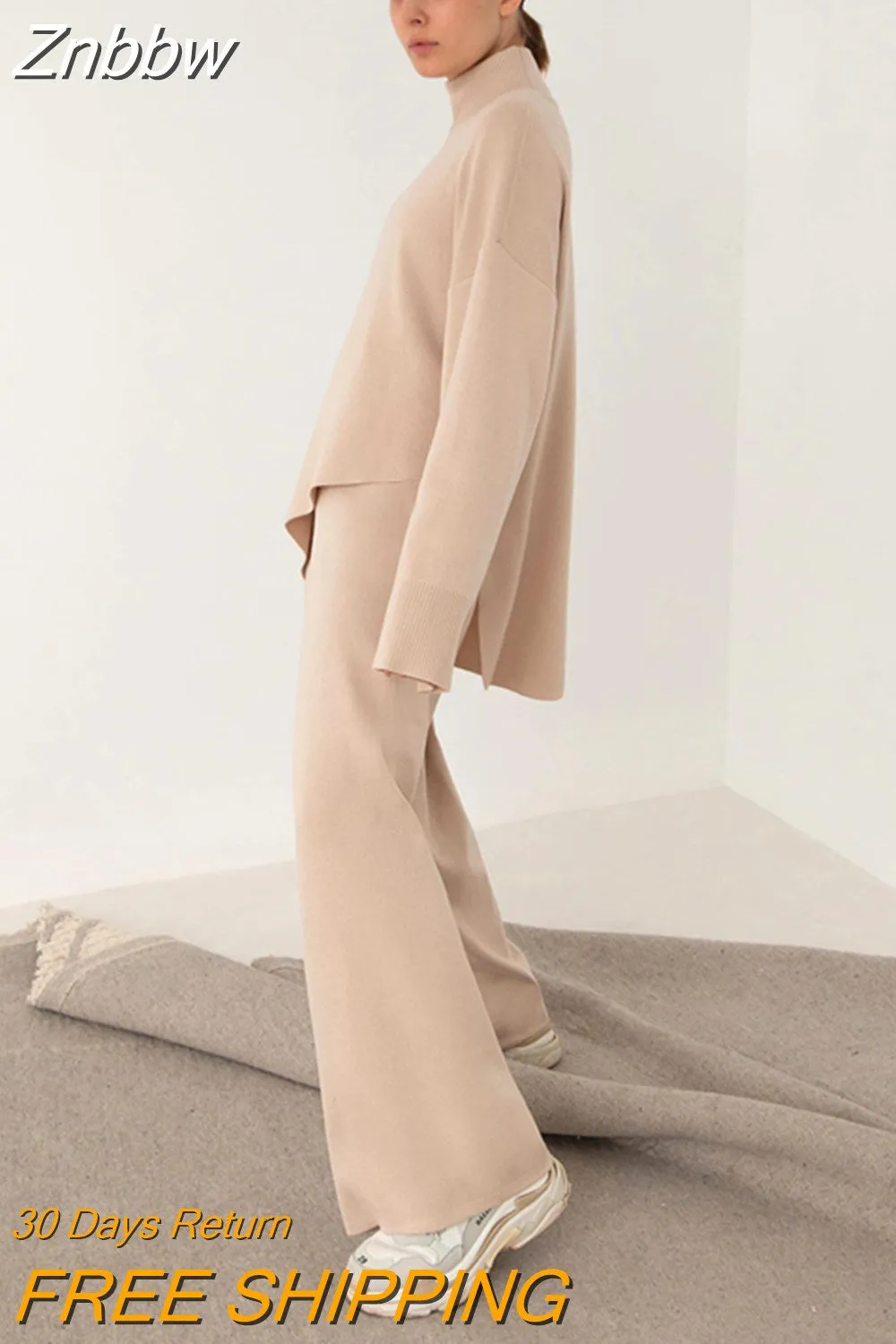 Znbbw Women Wide Legs Pants Irregular Sweater Suit 2023 Autumn Winter 2 Piece Set Casual High Collar Pullover Knitted Sweaters Outfits - Image 8