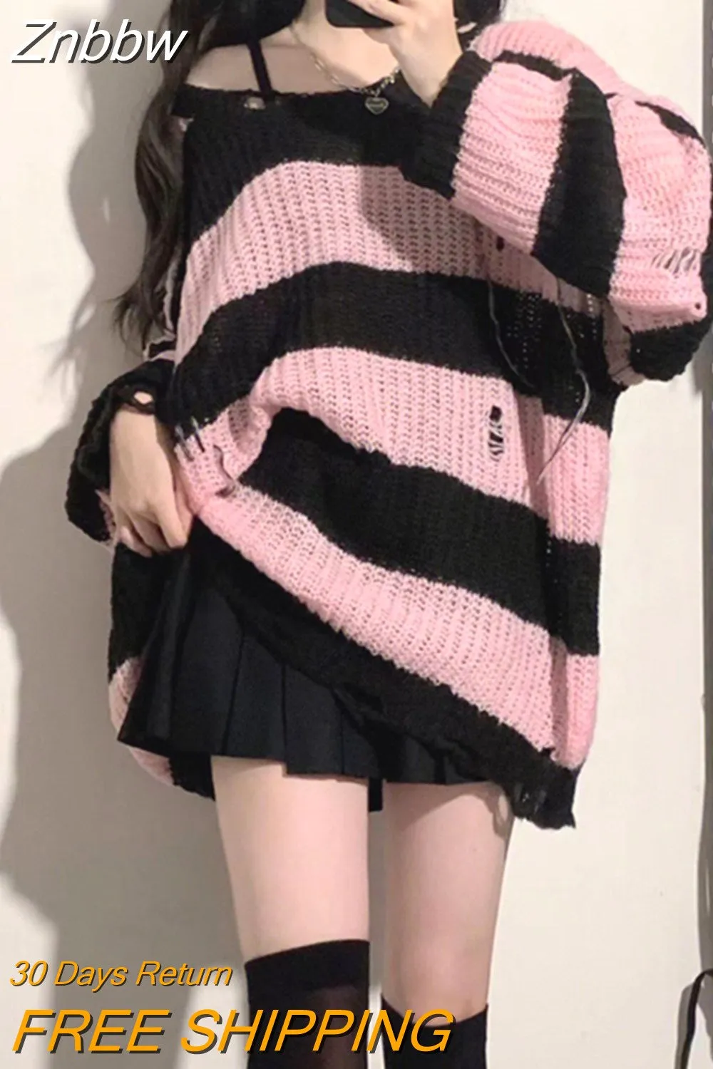 Znbbw Y2K Pink Striped Sweaters Women Harajuku Vintage Black Knitted Jumper Grunge Sexy Hole Hollow Out Loose All-match Tops