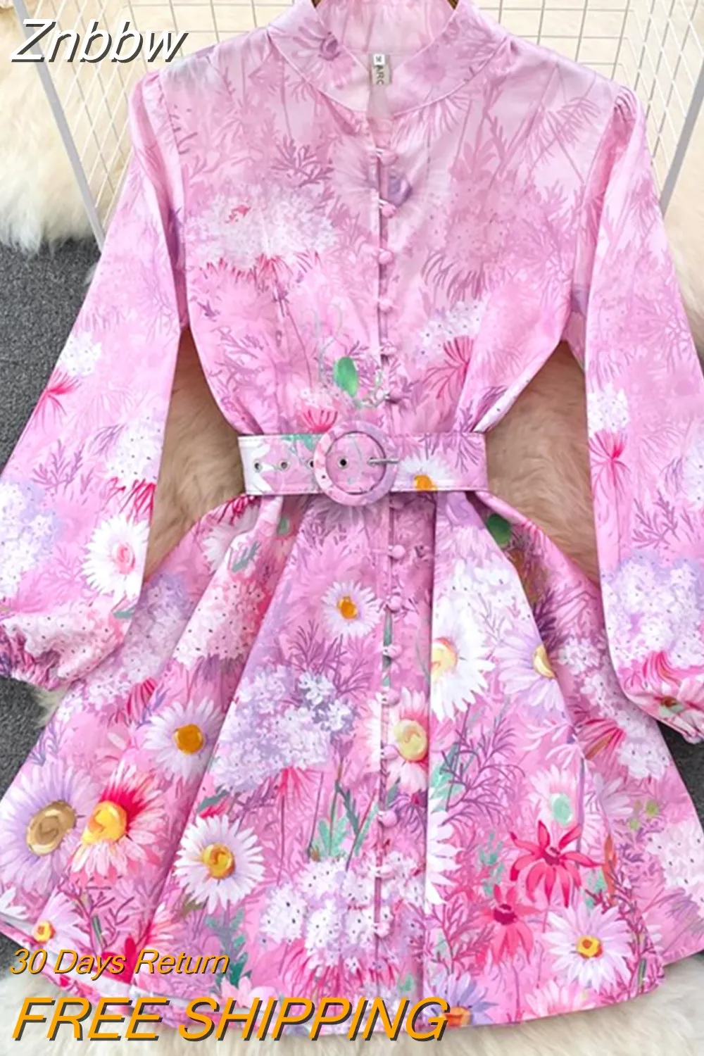 Znbbw 2023 Spring Summer Holiday Beach Dress Women's Stand Collar Lantern Sleeve Chic Floral Print Belt A-Line Short Vestidos - Image 3