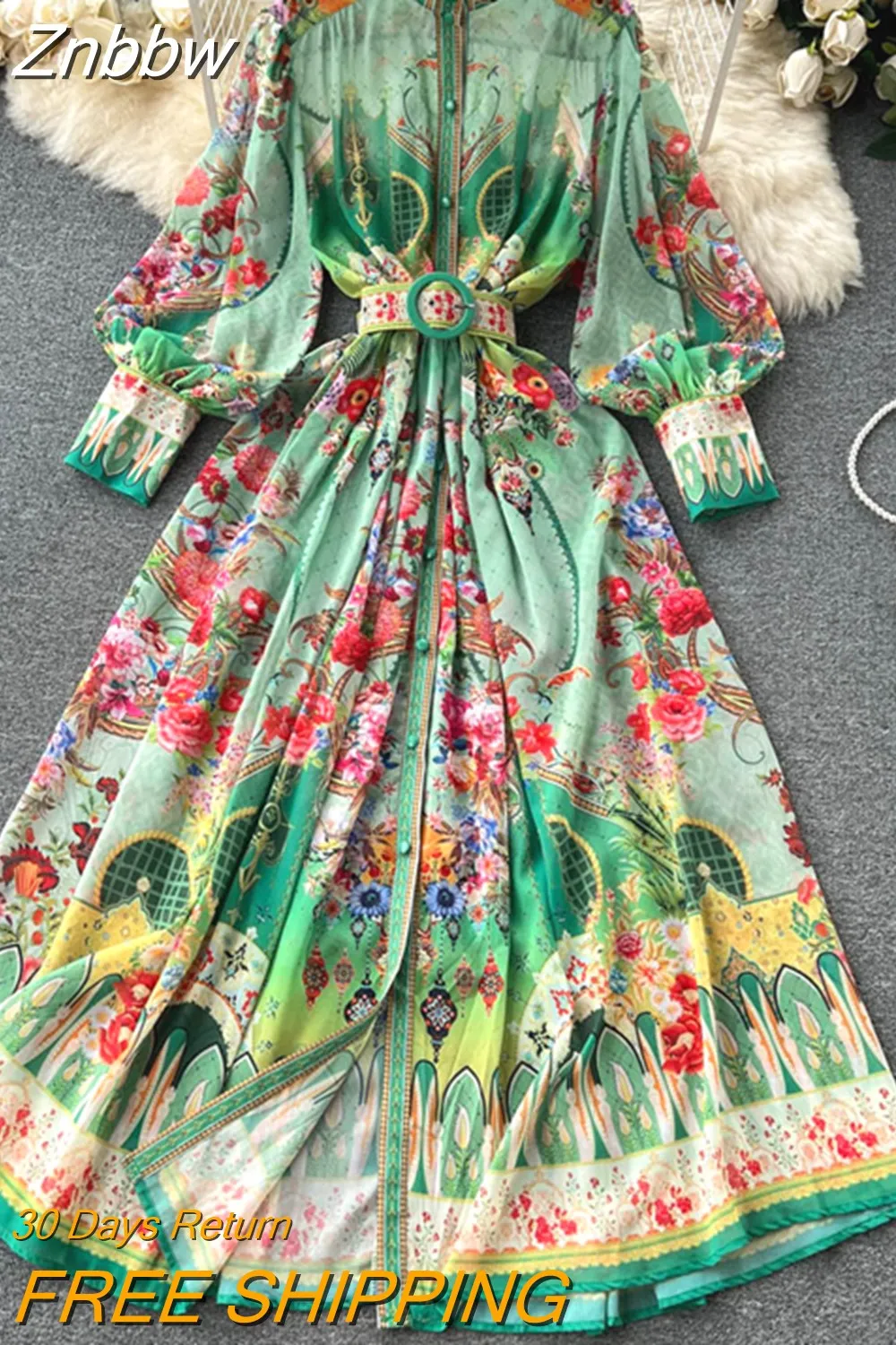 Znbbw 2023 Summer Holiday Beach Chiffon Flowy Dress Women's Stand Collar Lantern Sleeve Floral Print Boho Long Robes N1955