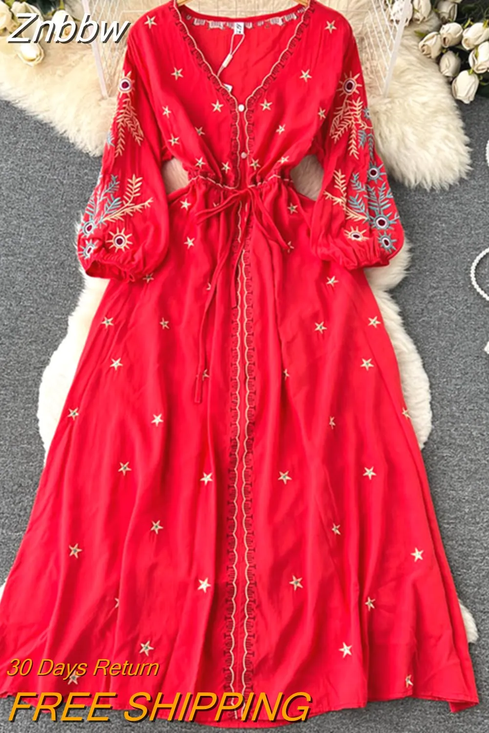 Znbbw Ethnic Style Lace Up Lantern Sleeve Waist Slimming Embroidery Red Temperament Dress Stunning Long Vestidos Women D1473 - Image 7