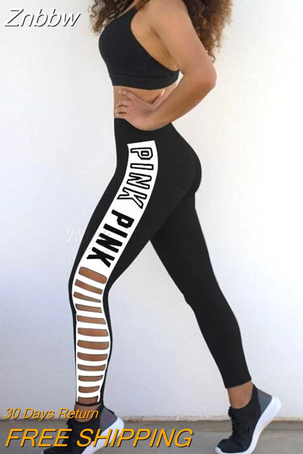 Znbbw Women leggings Pink Letter Print Hollow Out Leggings High  Waist Patchwork Female Fitness Leggings Sportswear Leggings - Image 3