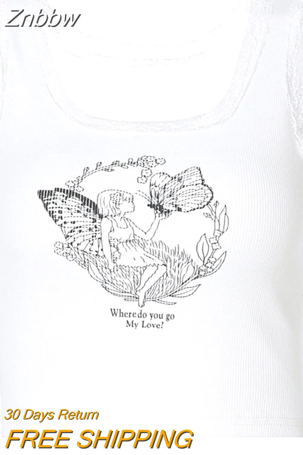 Znbbw Printed Lace Trim White Crop Top Fairy Grunge Summer Clothes for Women Cute Slim Fit Ribbed Tank Tops - Image 6