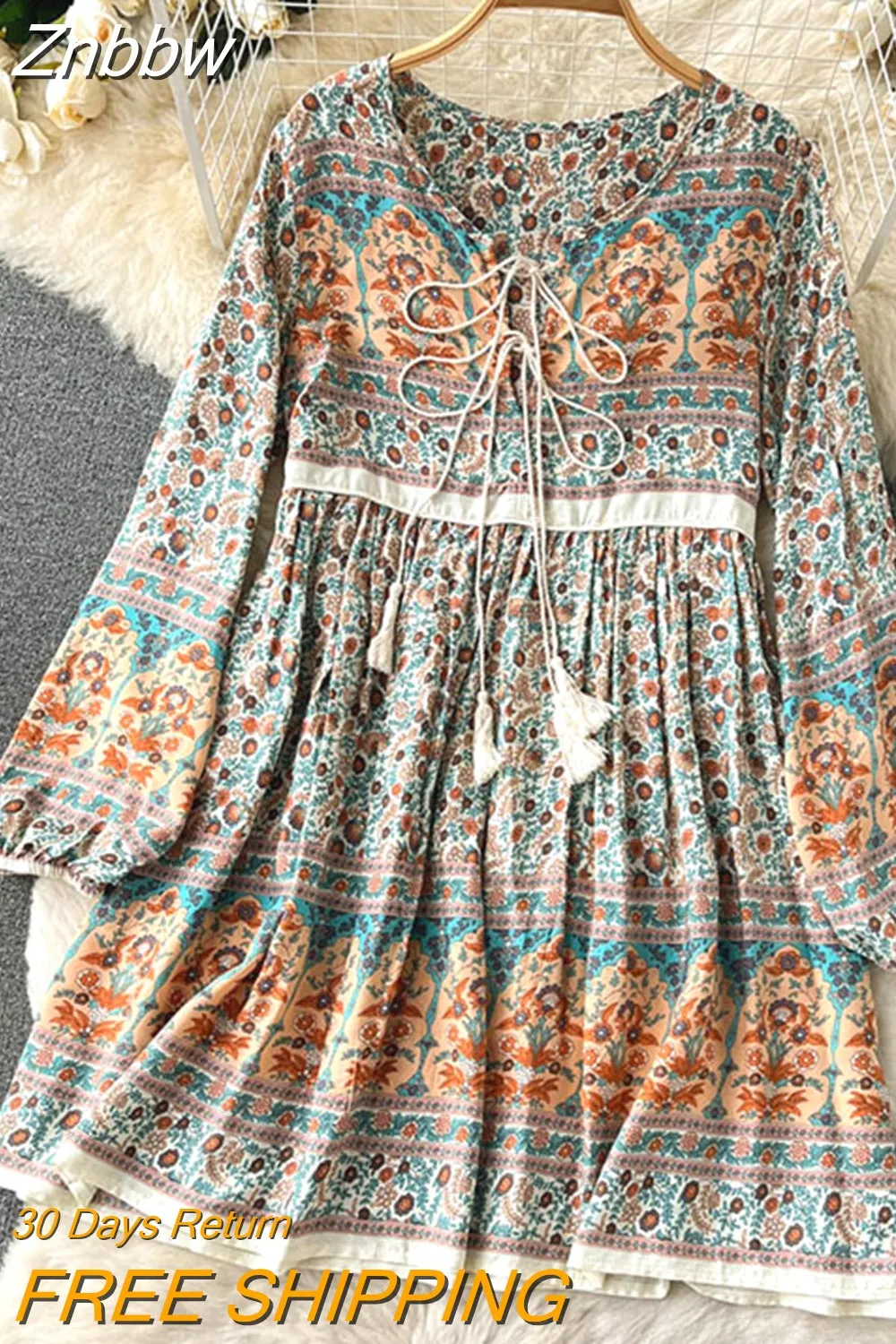 Znbbw Autumn Women's Travel Holiday indie Style Dress New Sweet Loose Thin Printed Long-sleeved Mid-length Dress GD647 - Image 13