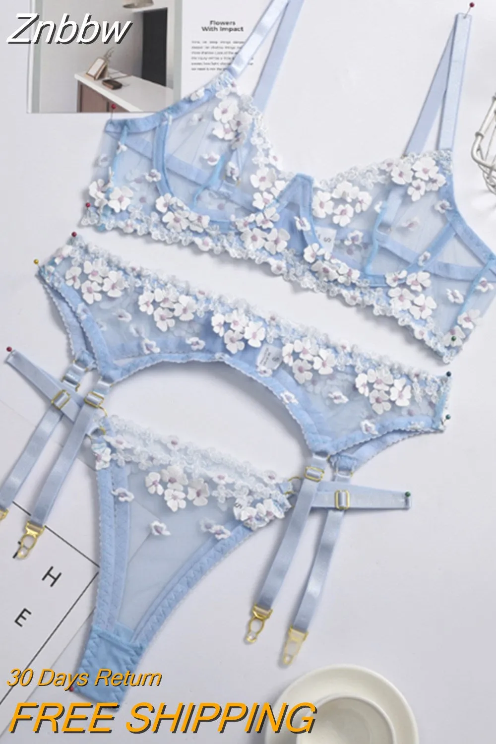 Znbbw Applique Women's Underwear Lingerie Set Sexy Underwear Set Bra with Bones 3 Piece Set Transparent Exotic Lingerie Sexy - Image 5